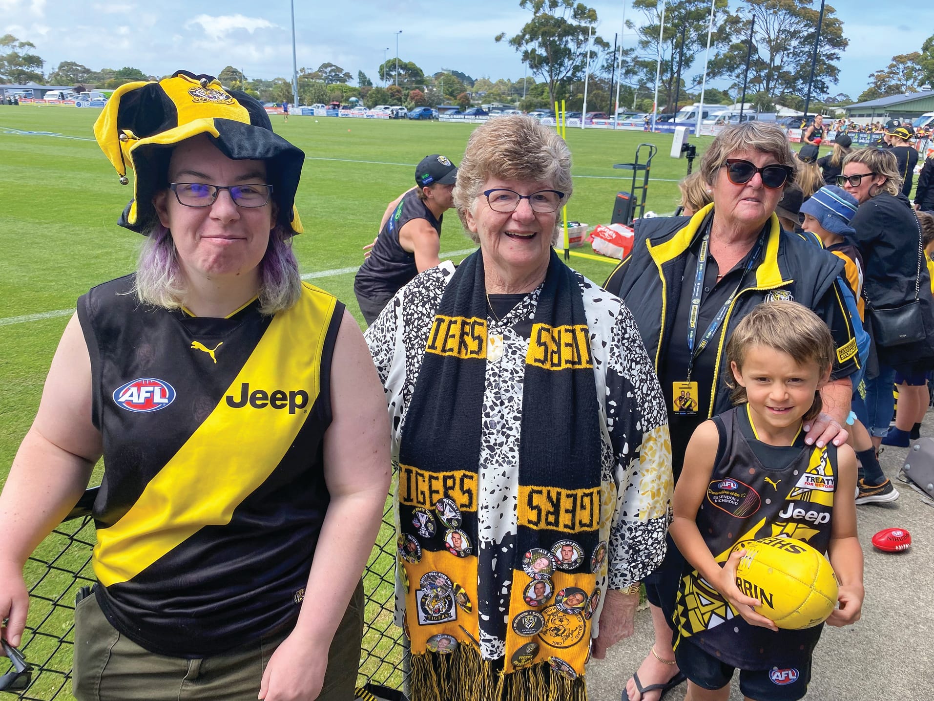 Local Tigers’ supporters - Courtney Moir of San Remo, Libby Carr, Raye Tucker and Dask Lawton of Wonthaggi at the Tigers’ training run.