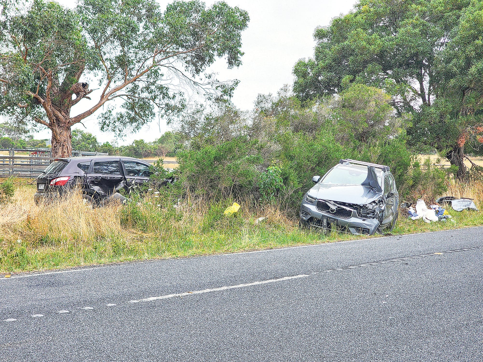 Ben Hurst’s black hatchback left the road and ended up in nearby vegetation, almost in a paddock, whilst the driver responsible for the collision spun into a ditch by the roadside. C53_0525
