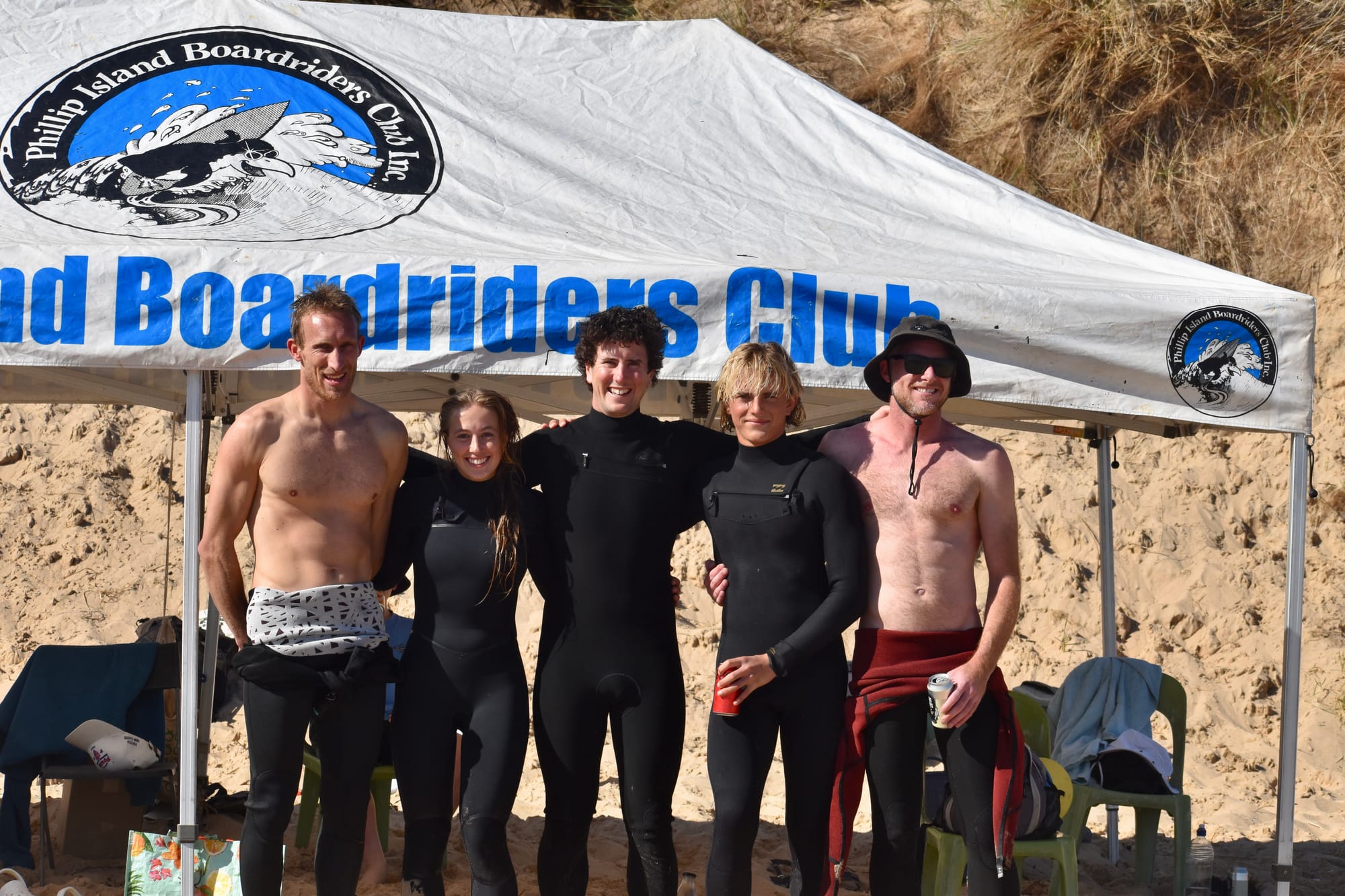 Phillip Island Boardriders qualify for the national final at Burleigh, Queensland, in March next year. From left, Carl Wright, Sage Goldsbury, Francis Meade, Sam Patterson, and Ash Easton. Photo credit: Jo O’Reilly Stubbs