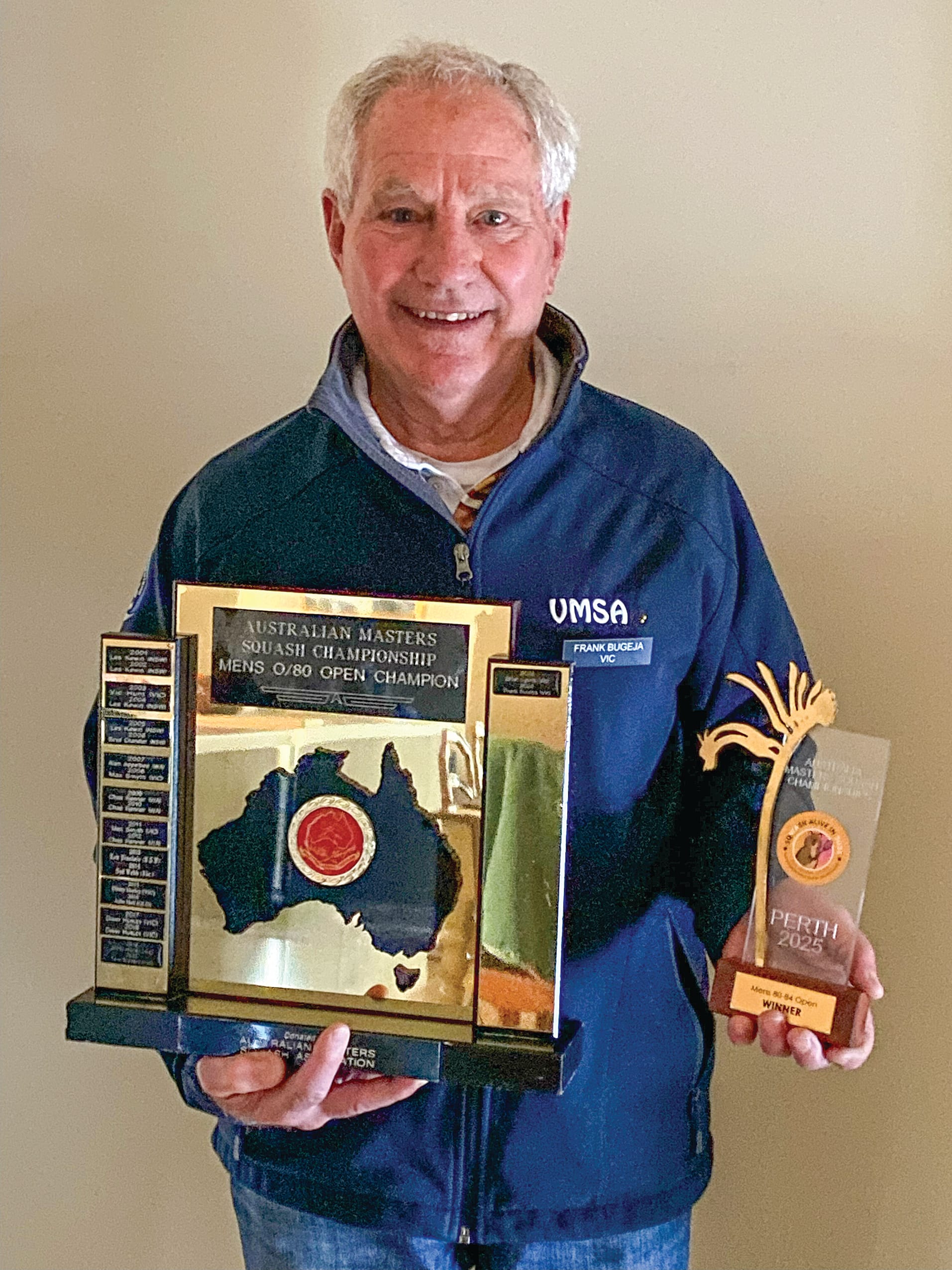Eighty-two-year-old Frank Bugeja took home the Australian Masters Squash Championship title in his age group for the second year in a row.
