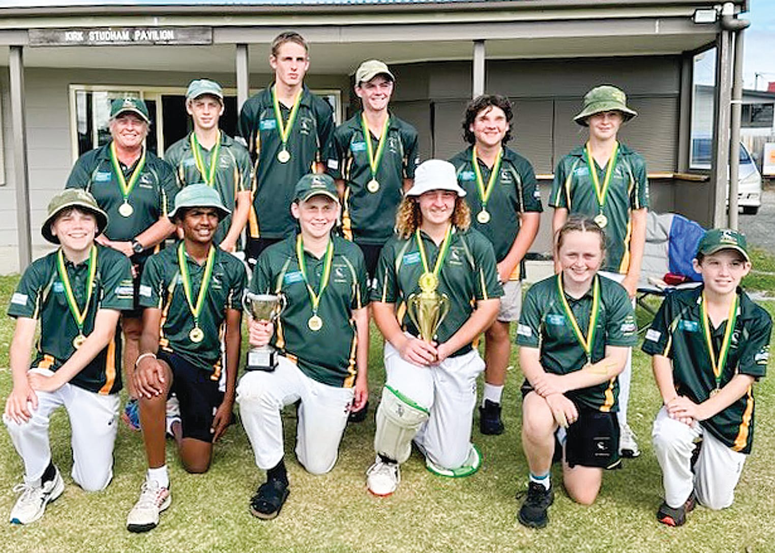 LDCA under 15s 2022/23 premiers Leongatha Town. (back L-R) Nat Challis (coach), Angus Livingstone, Hamish Gill, Fletcher McLennan, Kohen Gilliate, Frazer Livingstone, (front L-R) Beade Challis, Yuthil Ratnaike, Max Carter (captain), Clayton Quaife (captain), Lucy Carter, Julian Aeschlimann. (absent Shem Hickey).