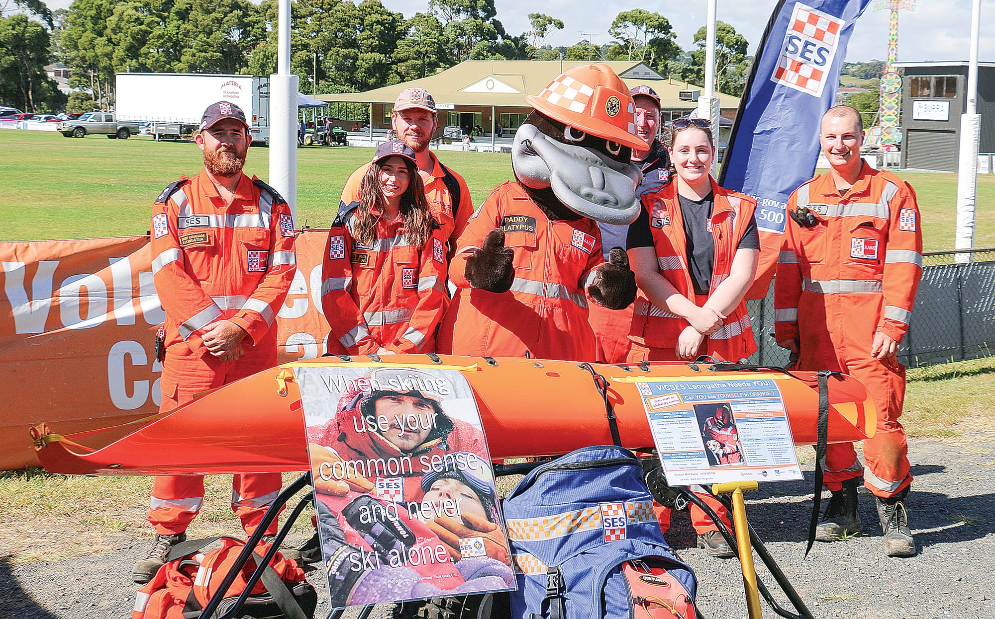 The Leongatha SES ran a volunteer drive at the Korumburra Show on Saturday, with some great show bags to give away, kids activities, demonstrations and plenty of information about emergency preparedness. Pictured from left, Ben Graham, Kristen Muir, Cam Walliker, Paddy the Platypus, Dave Pickersgill, Tahlia Ebery and James Ryan.