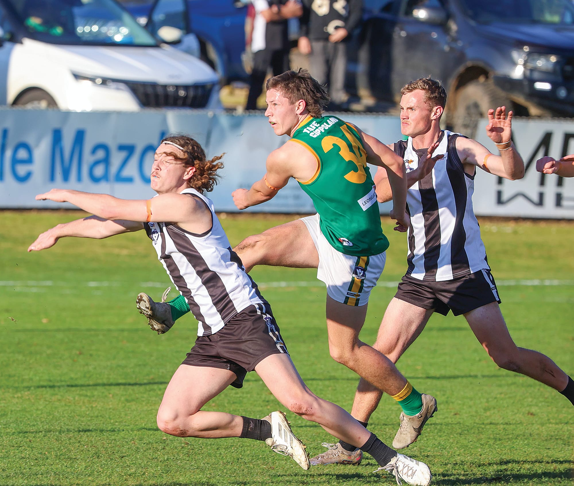 Second gamer Ben Fort kicks his first goal in senior football with this contested strike, punctuating four by Ireland in the second quarter.