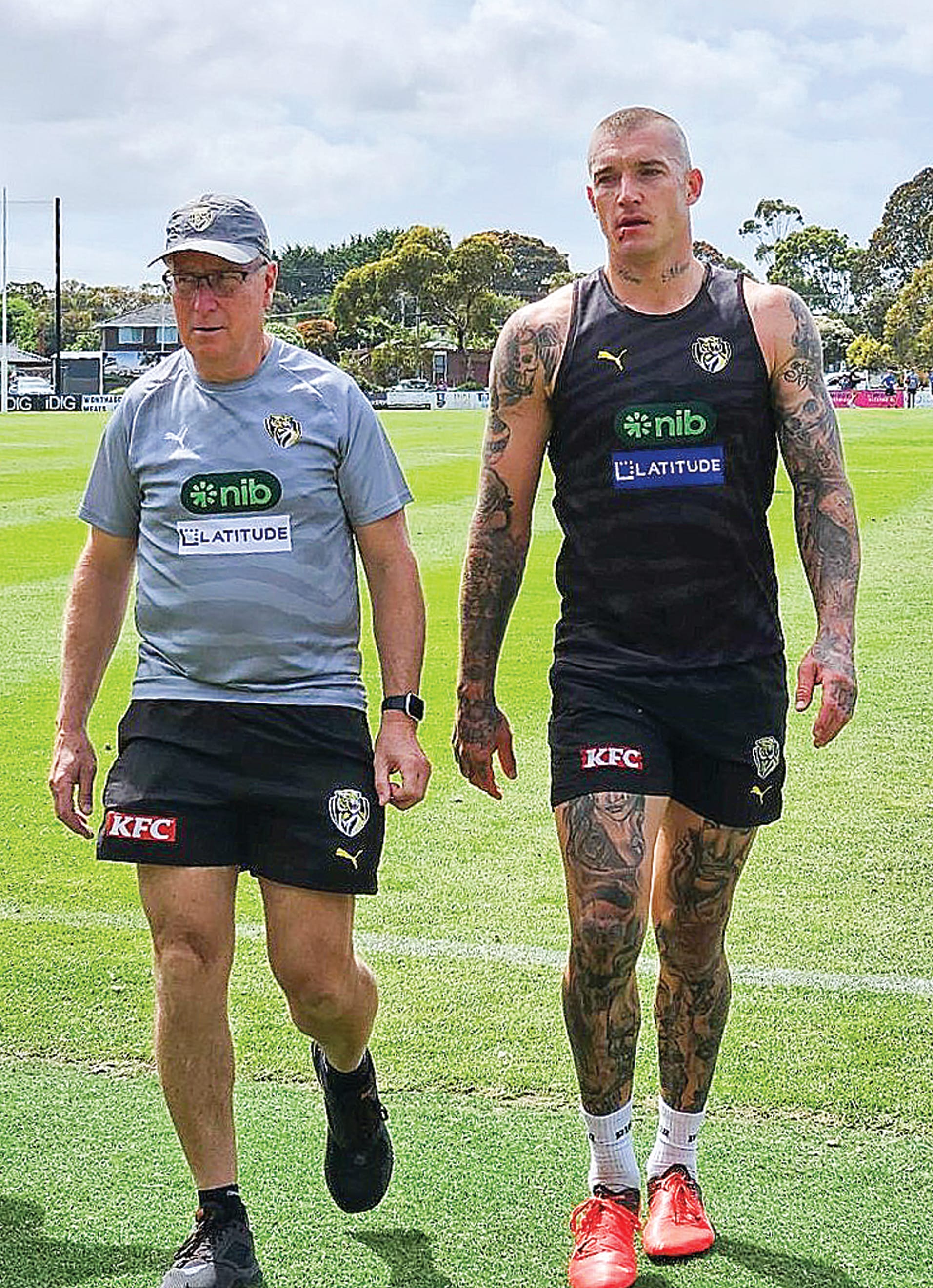 Richmond superstar Dustin Martin leaves the ground at Wonthaggi last Wednesday after a much-publicised head clash.
