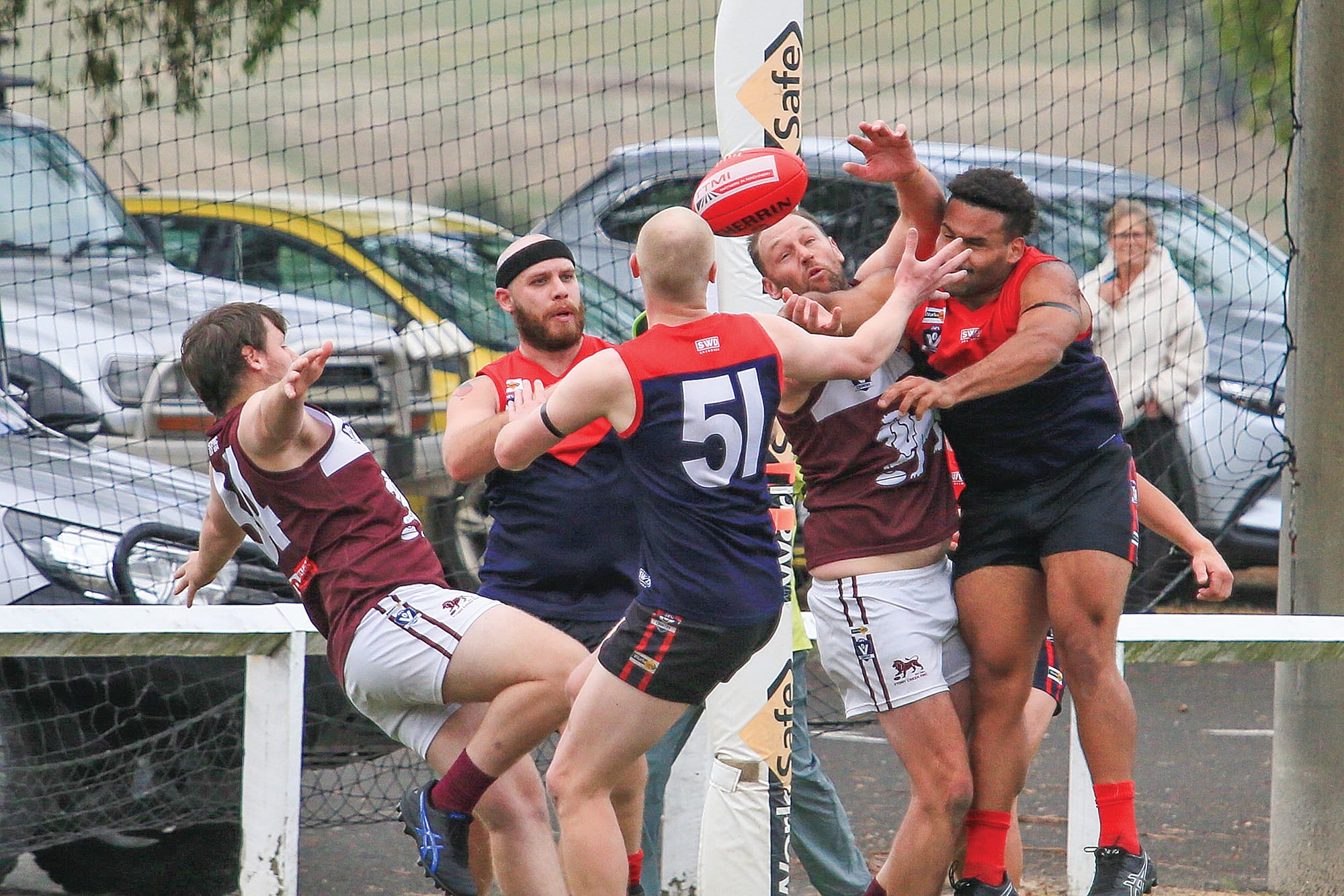 The outcome of the game between Stony Creek and Boolarra was in dispute throughout the day just like this contest. Photo: G.S. Bruning.