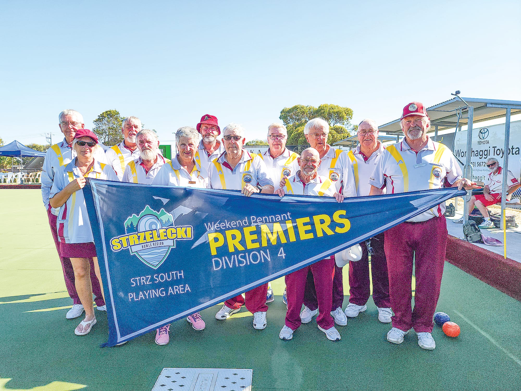 Strzelecki bowls region Weekend Pennant Division 4 Premiers Corinella, from left, front row, Sonja Grant, Chris Brooks, Michael Saunders, Tony Heppleston, Terry Floyd, Michael Dady and Peer Borradale; back, Phil Wright, Lance Bullock, Marg Hoy, Frank d’Unienville and Al Weeden. Absent: Dave Martin (Emergency). C14_1124