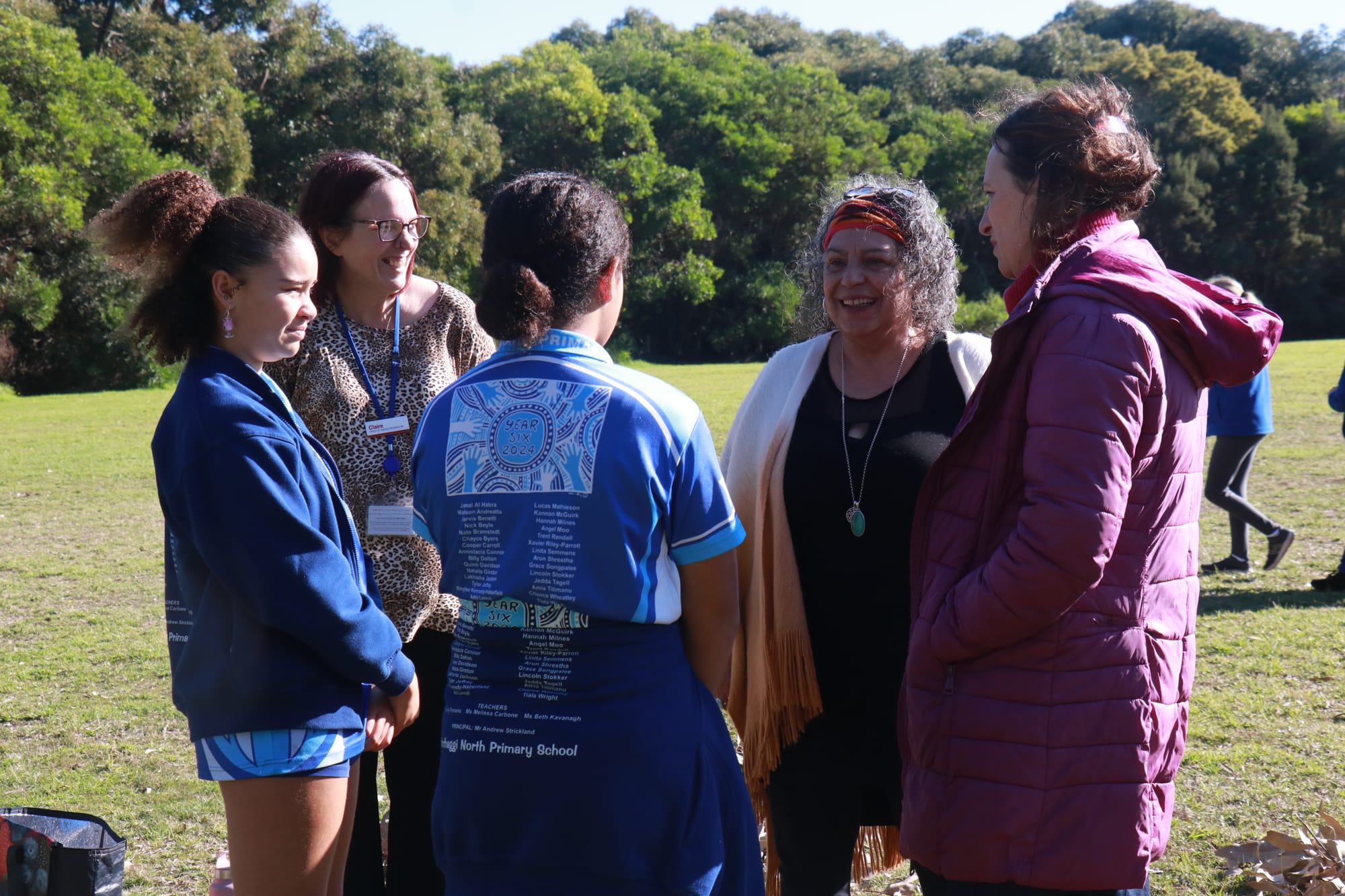 Aunty Melissa McDevitt from Bunurong Land Council with Bass MP Jordan Crugnale and Claire meeting Wonthaggi North Primary School Captains Amia Titimanu and Tiala Wright. 