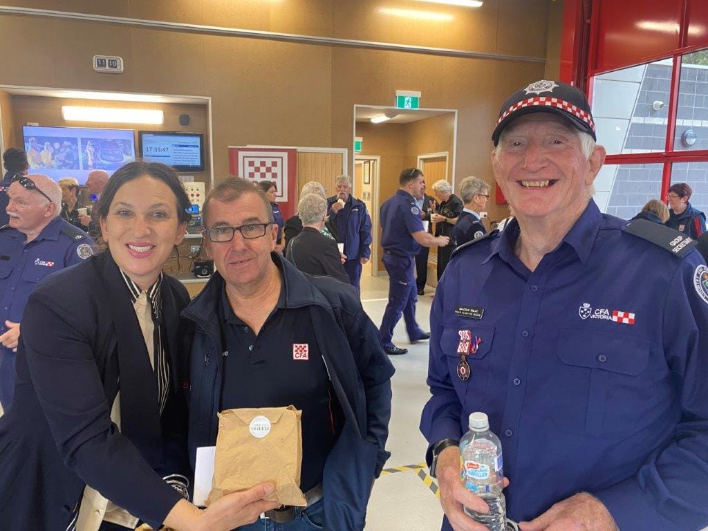 Member for Bass Jordan Crugnale chats with fellow fire fighters Paul Stratman and Malcolm Finlay at the opening of the Phillip Island Fire Station last Saturday.