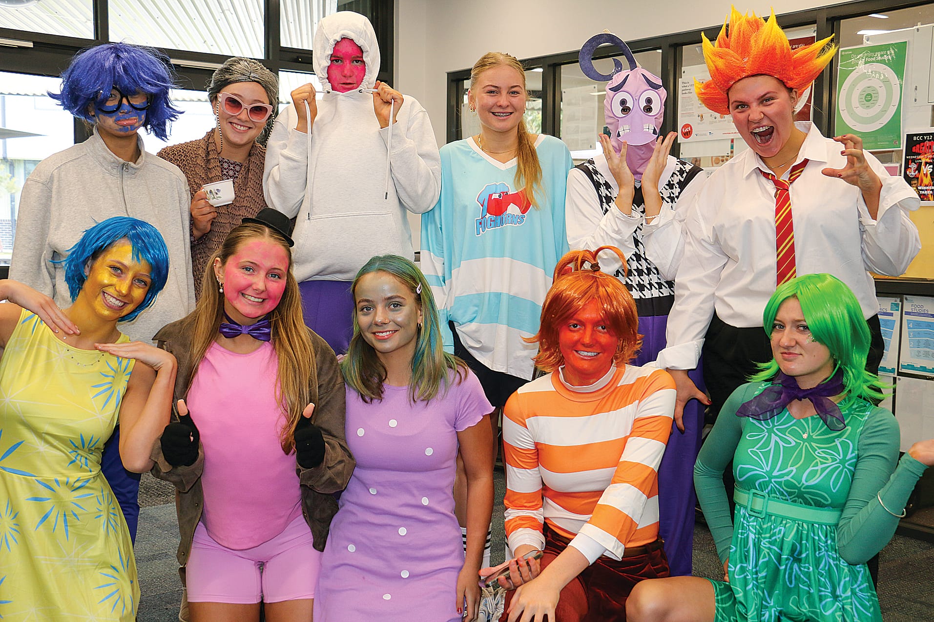 Year 12 students from Bass Coast College banded together to represent the cast of Inside Out for Celebration Day. Pictured back from left, Aleah Tewhata, Tailyn Payne, Olivia Bramley, Caitlin Kibble, Sienna Trew, Arliah Brouwers, front from left, Jas Williams, Sienna Tiziani, Ciara McCraw, Baia Pugh and Natalie May. Tk14_4424