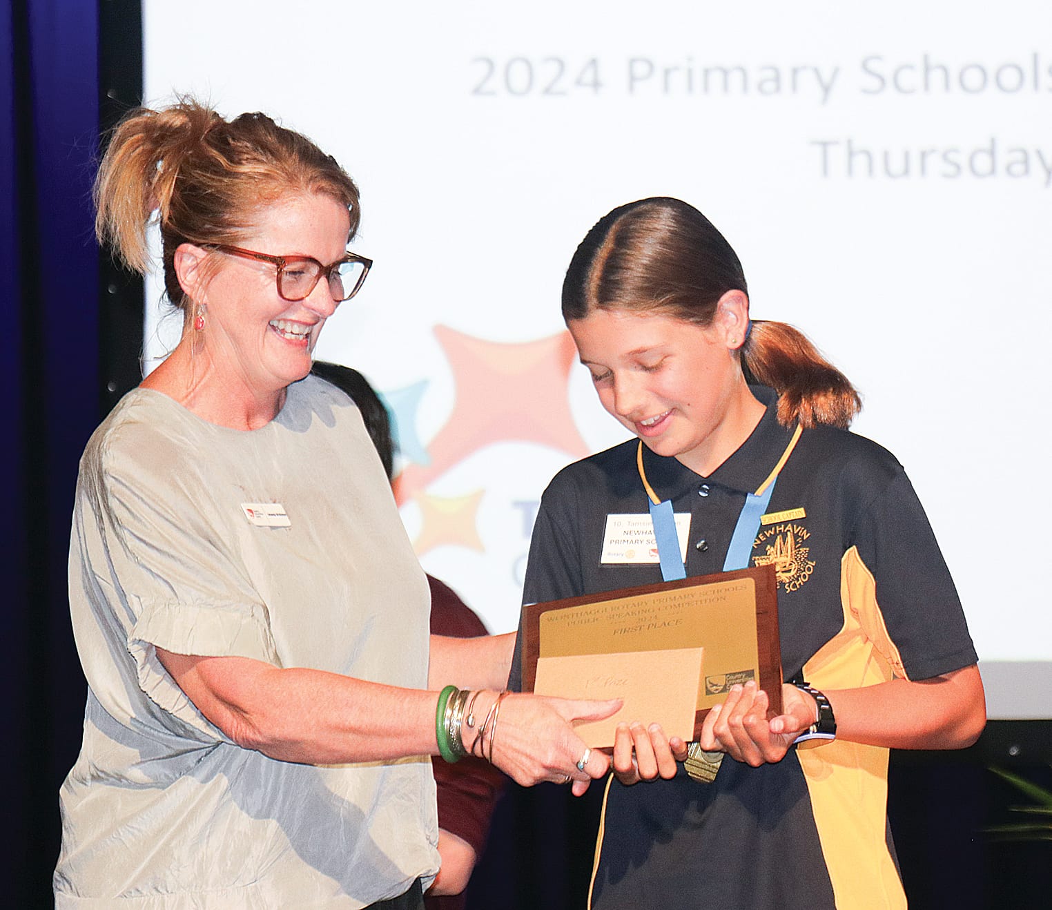 CUC Education Program Coordinator Amanda Mc Mahon presented Tasmin Watson of Newhaven Primary School with first place at the 2024 Primary Schools Public Speaking Competition. Z22_4324