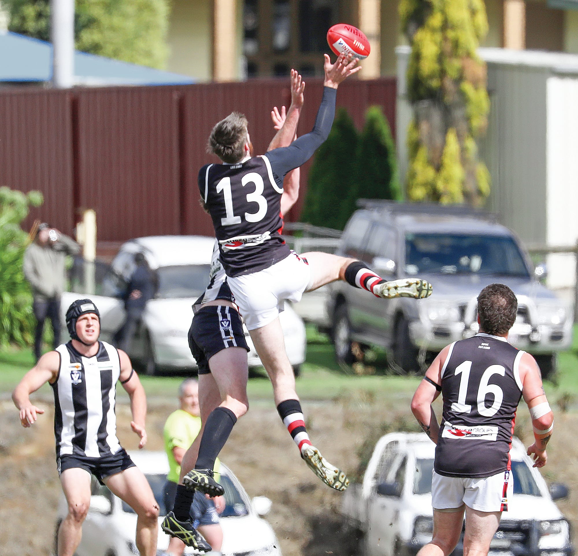 Nyora’s Travis Stewart flys for the mark.
