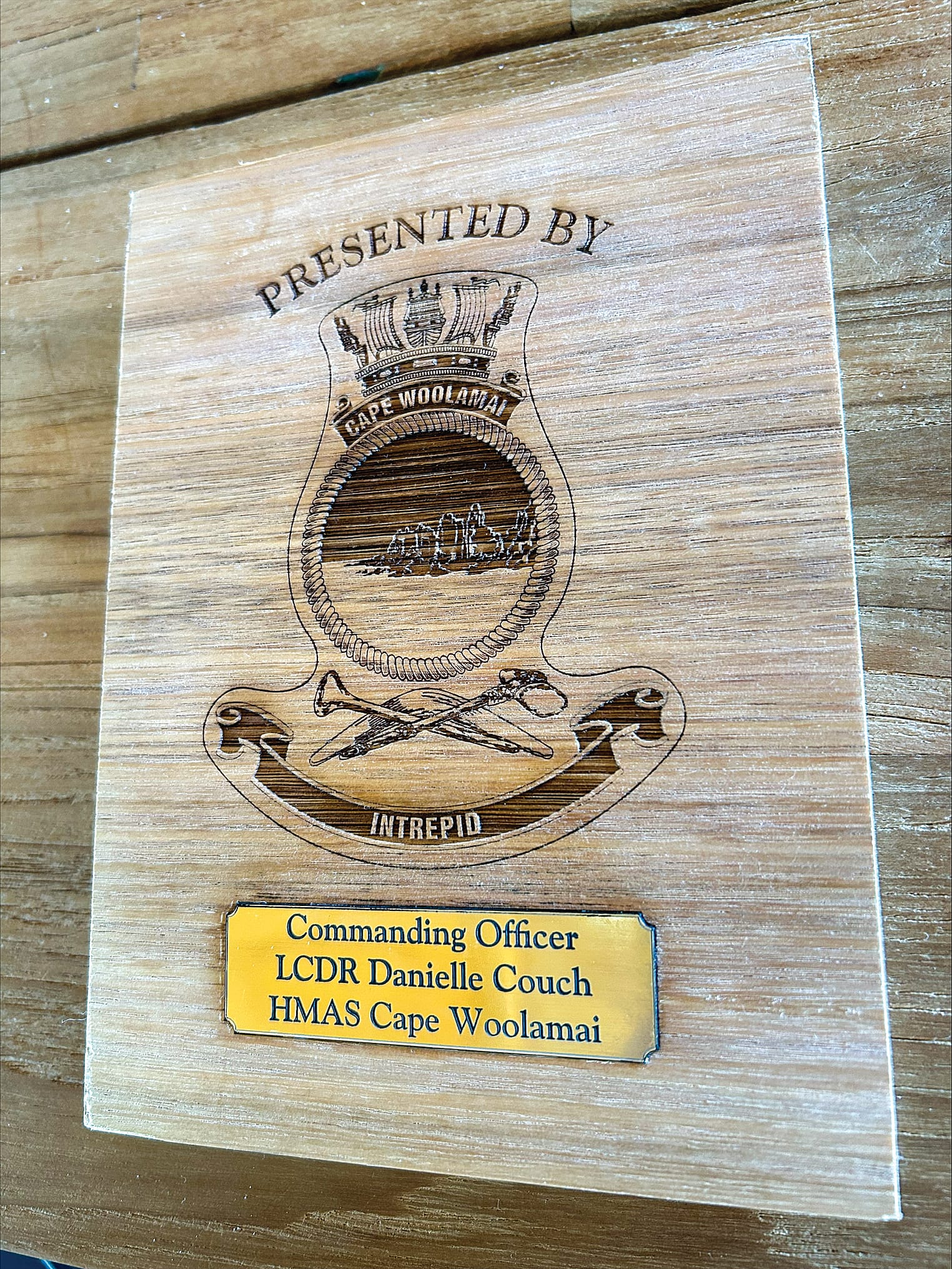 The plaque presented to the Woolamai Beach Surf Life Saving Club by Lieutenant Commander Danielle Couch of the Royal Australian Navy.