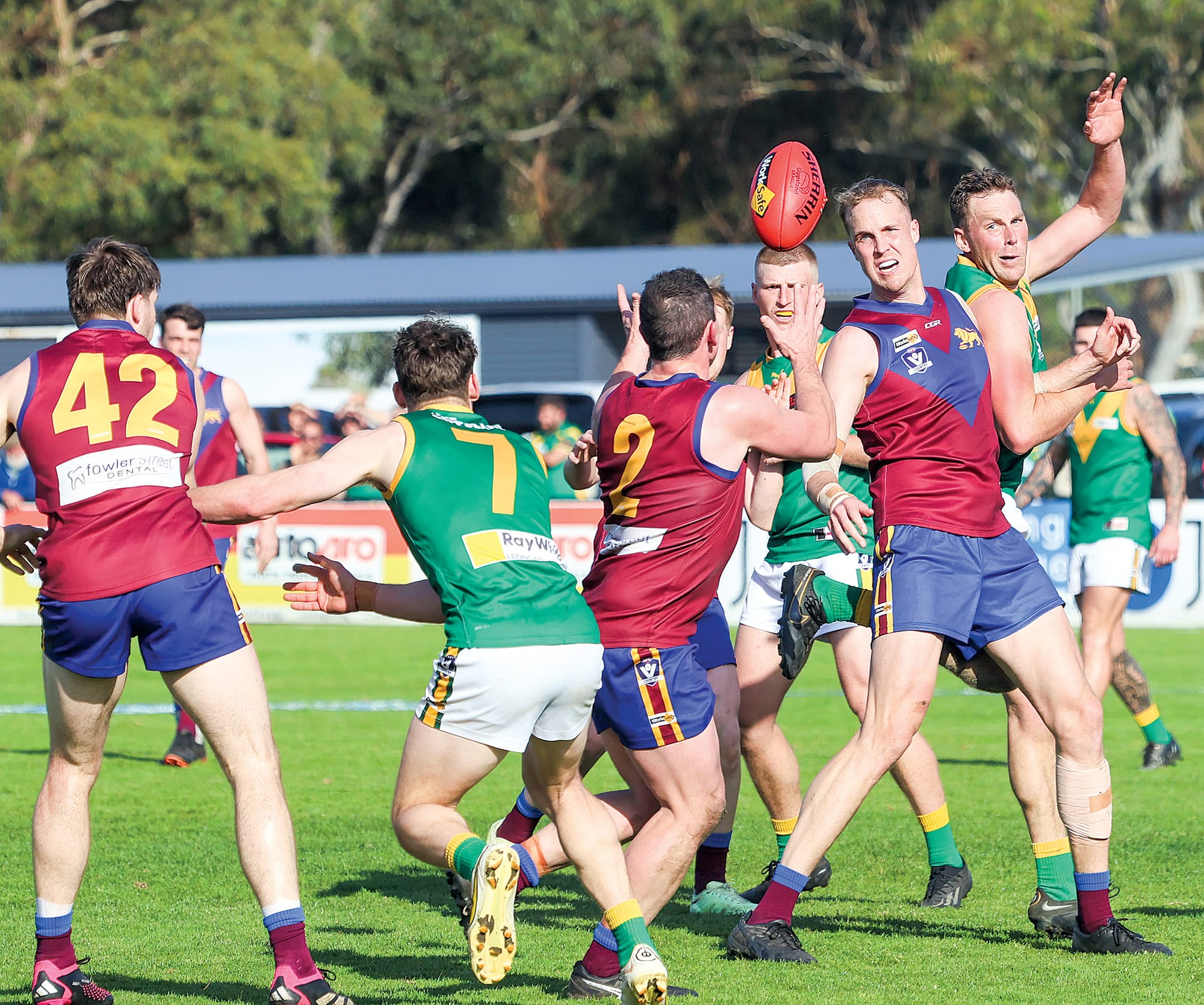 The picture tells the story. Leongatha’s Jackson Harry (7) has a hand across the dangerous Bill Gowers (42) but James Blaser (2) is on the move for a winning tap from Chris Prowse before running clear for a goal.