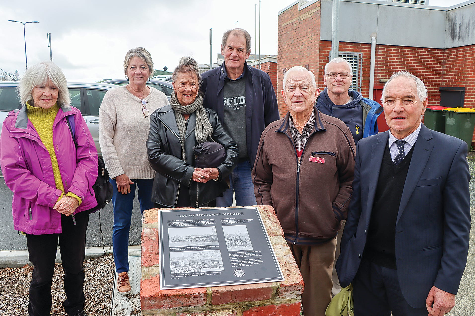 Barbara Burton, Cr Jenni Keerie, Elaine Fisher, Terry Waycott, Doug Boston, Greg Shuttleworth and Bob Newton celebrate the history of Korumburra’s coal mining days and recall the ‘Top of the Town’ building. A15_2824