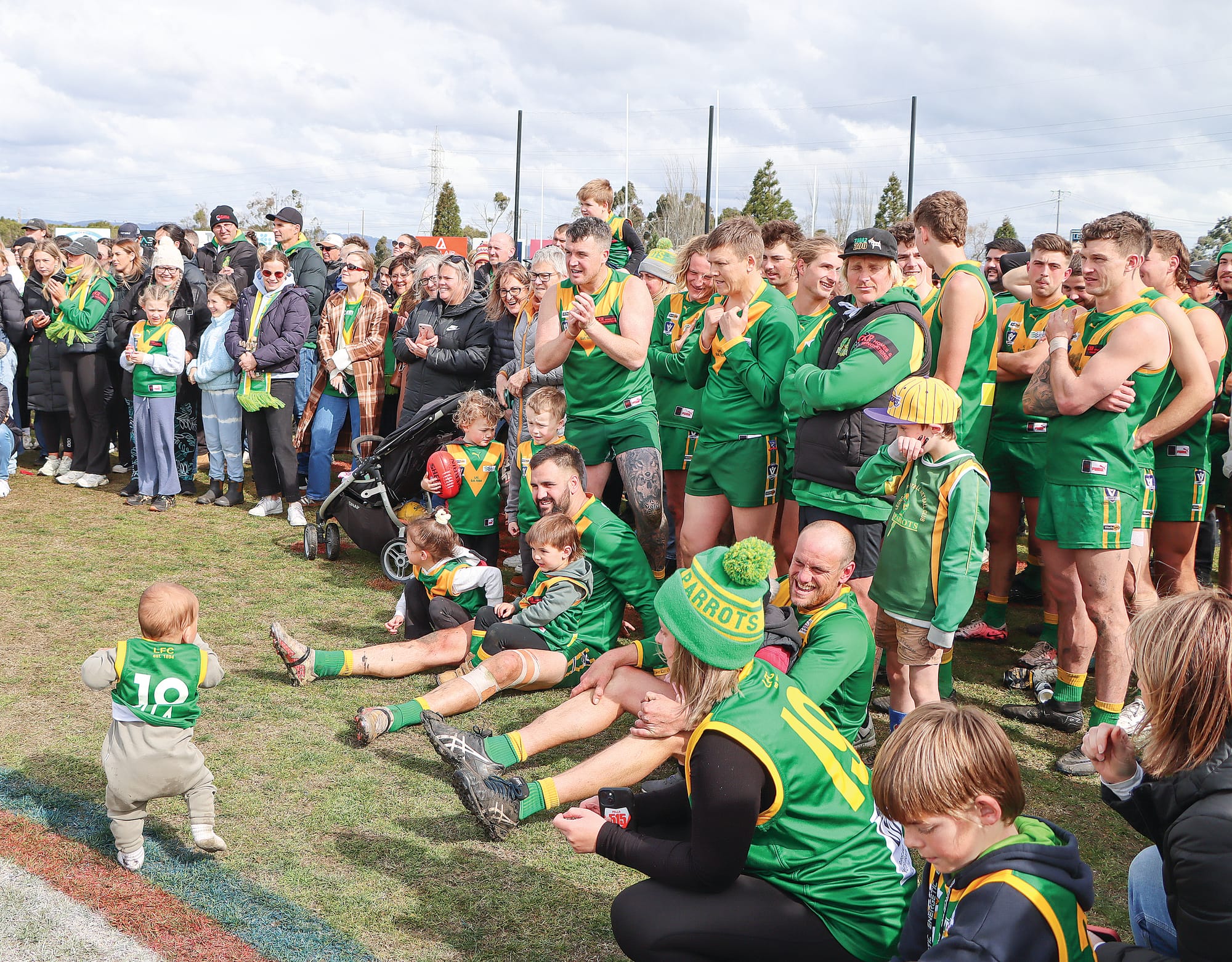 Leongatha players and supporters gather for the presentation after the Parrots claimed the Reserves premiership. A58_3924