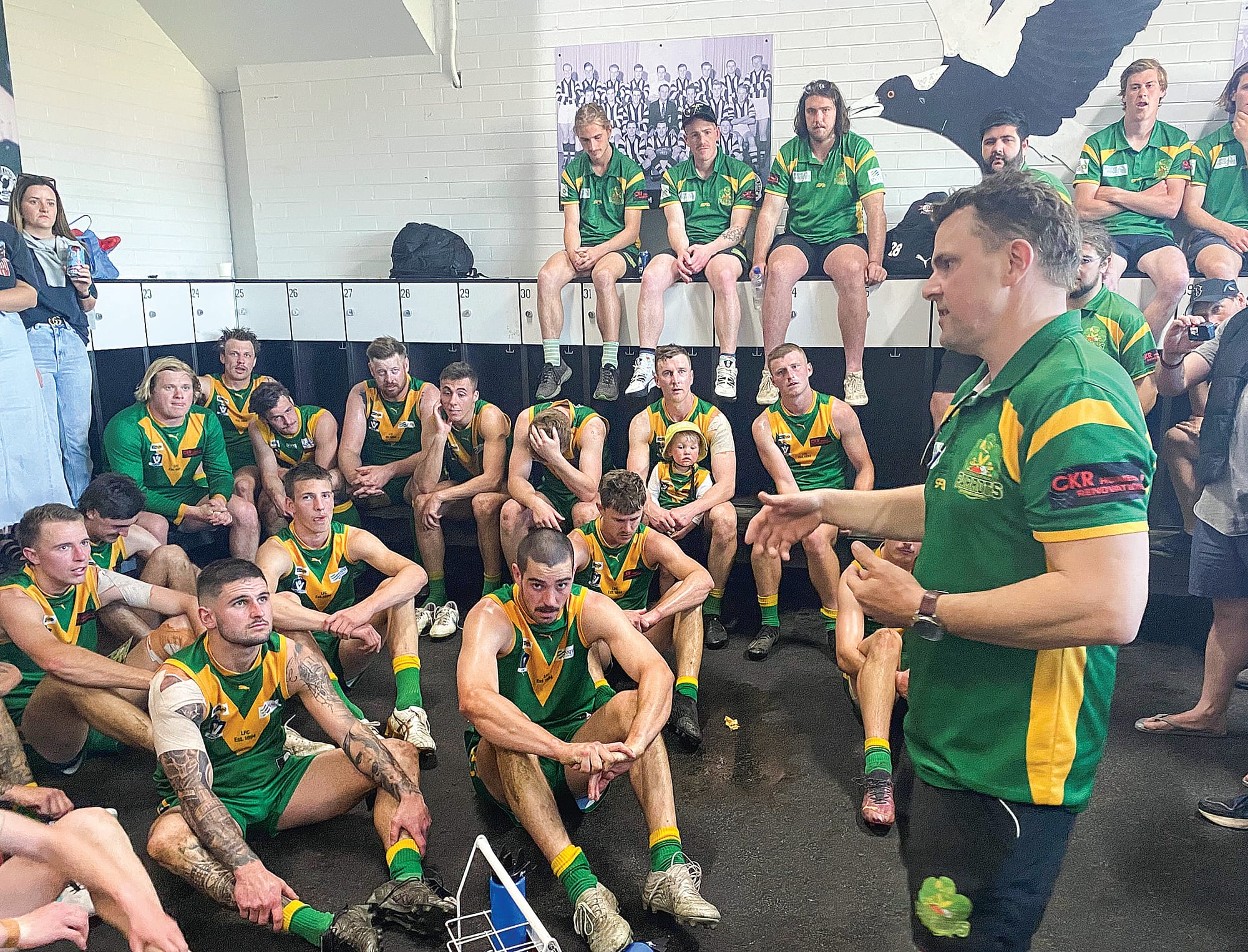 Leongatha coach Trent McMicking addressing his players after winning through to successive Gippsland League grand finals. He says the “South Gippsland Clash” will be enormous.