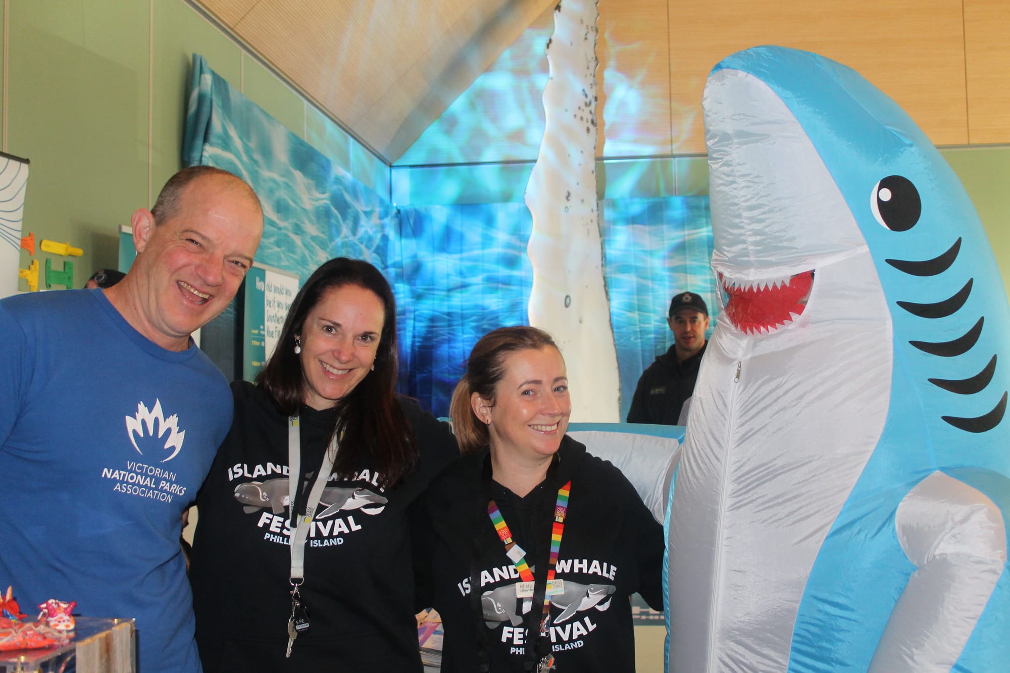 Kade Mills (Vic. National Parks Association), Nadine Page and Misty Johns from Bass Coast Shire, and Phoebe the Shark at the Phillip Island Whale Festival in Cowes.
B20_2825
