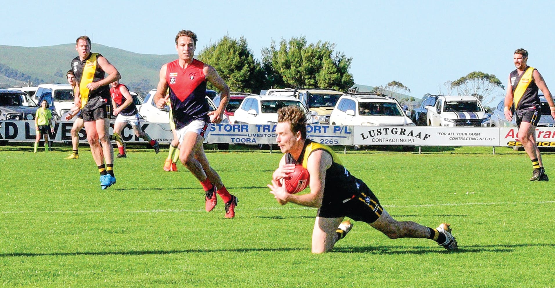 Foster winger Dylan Williams taking one of several strong marks in Saturday’s match against the Demons. Photo: David Bradsworth.