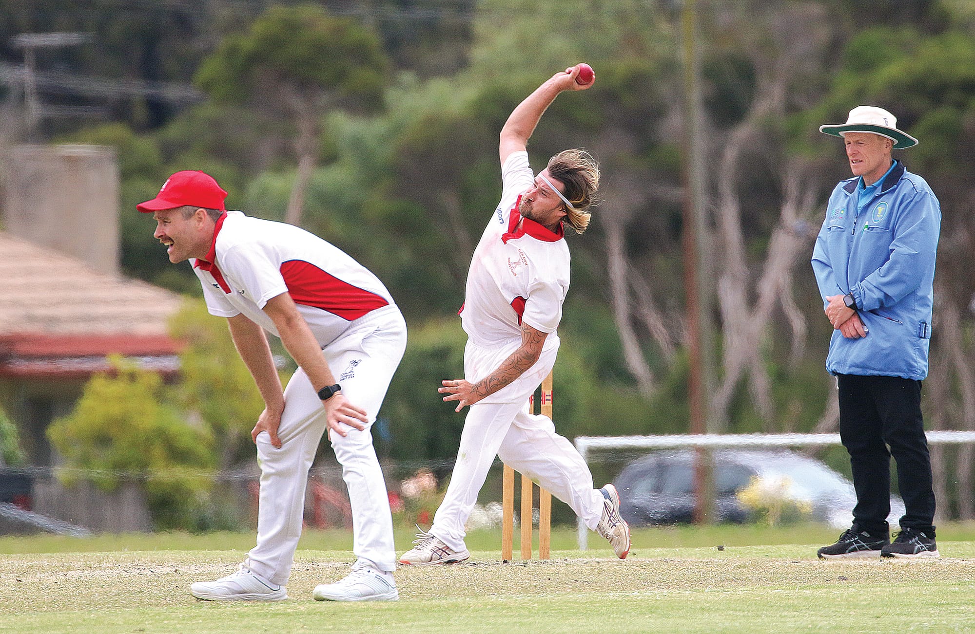 Glen Alvie bowler Nathan Findlay fires down another quick delivery. 
