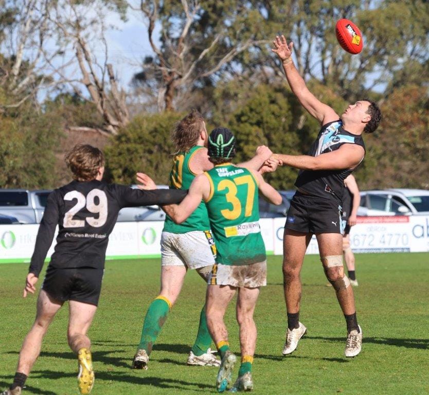 Wonthaggi Power ruckman Brodie Mabilia was one of the home team’s best players on the day against Leongatha.