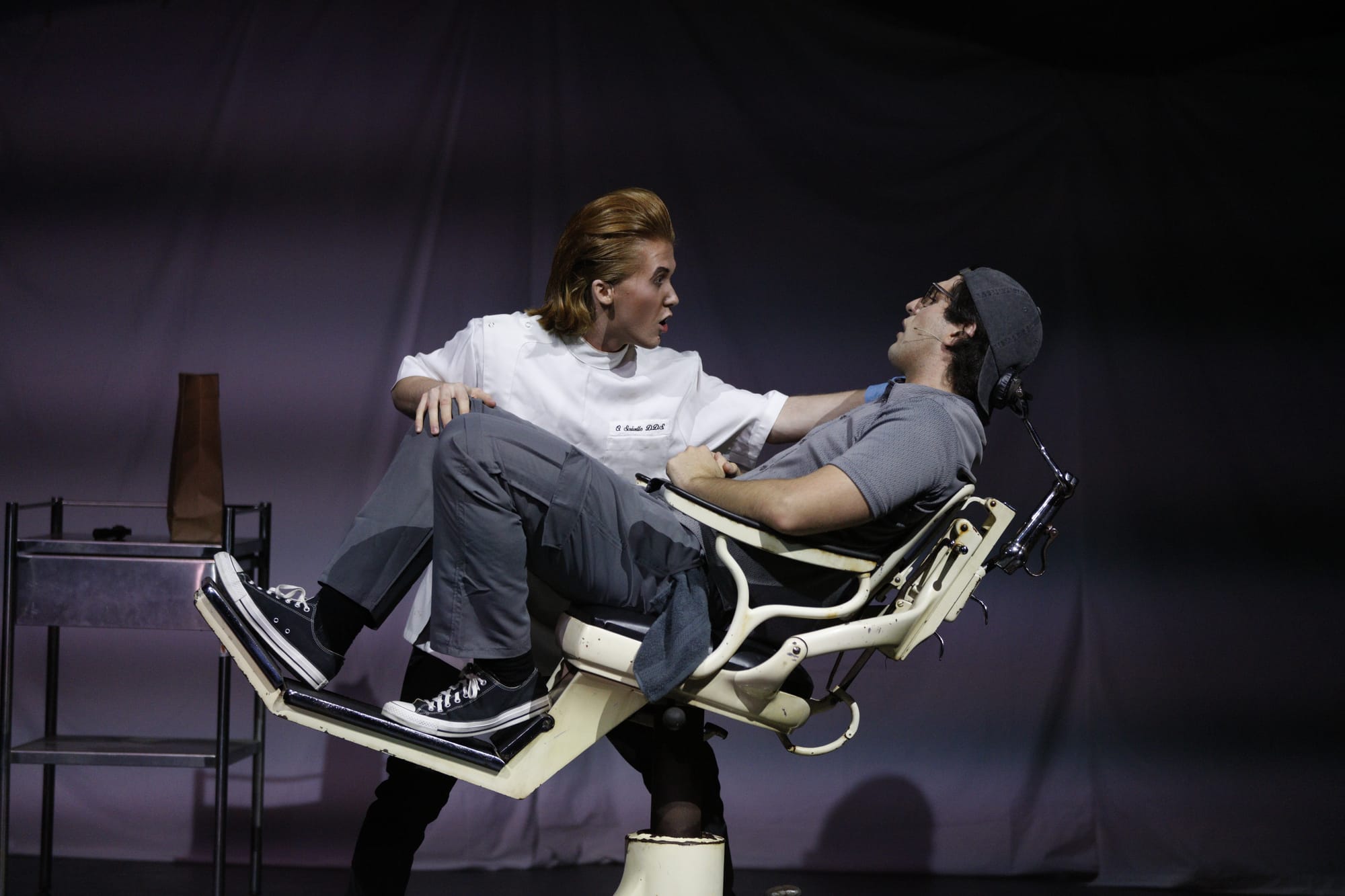 The hilarious portrayal of the Dentist by Liam Fuery brought the house down, with Dean Lyle as Seymour in an uncomfortable position. Photo: Leo Edwards