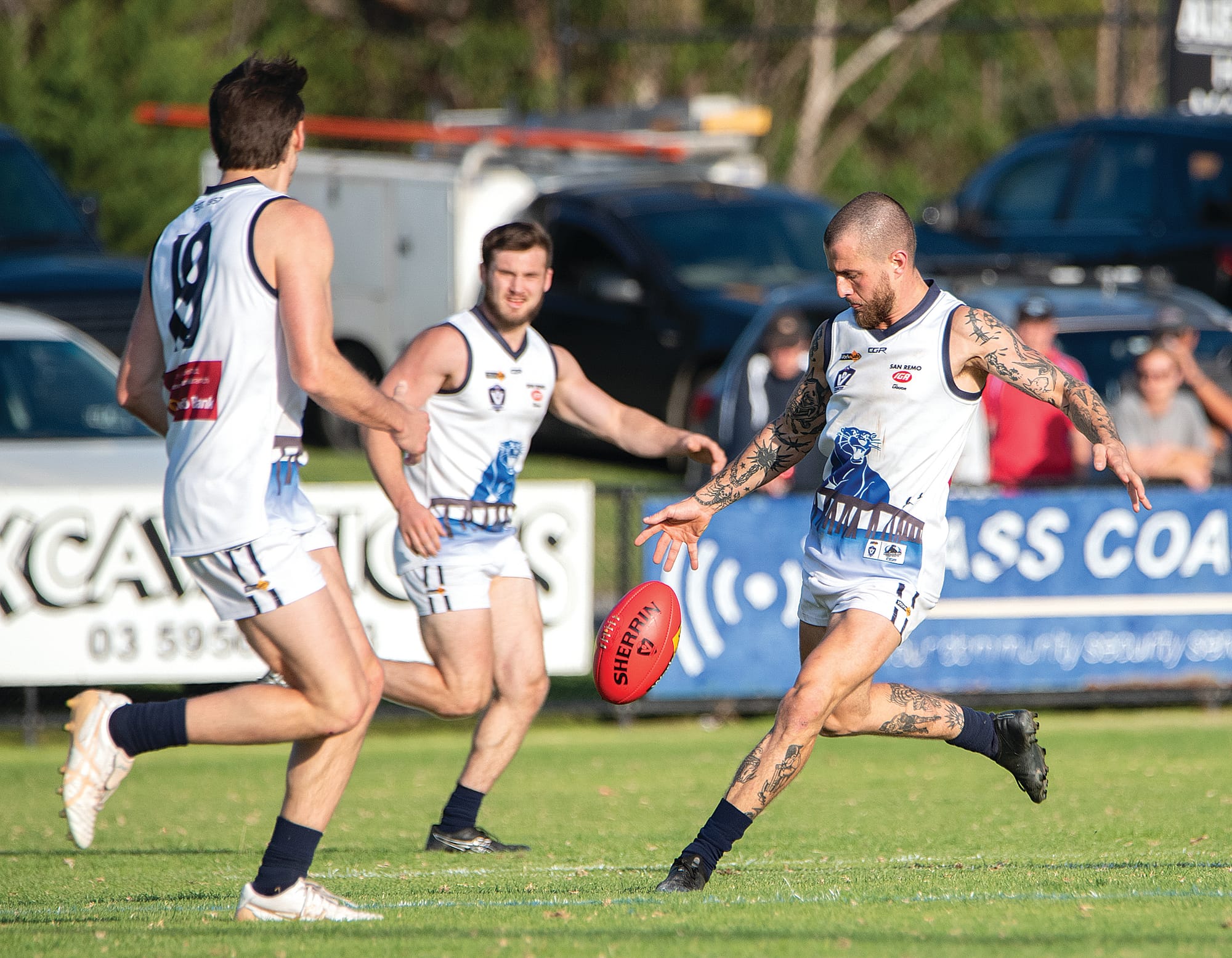 Jayden Goumas kicks forward for Kilcunda-Bass.