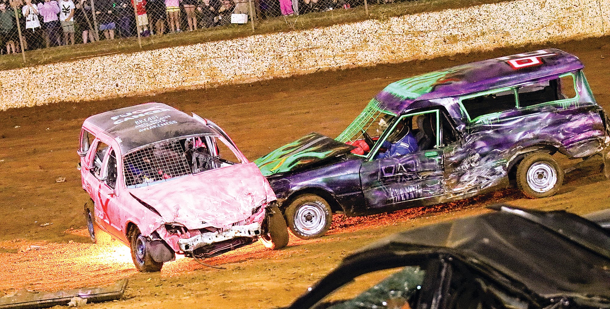 The carnage of demolition derby adds to the fun of the evening at Nyora Raceway.