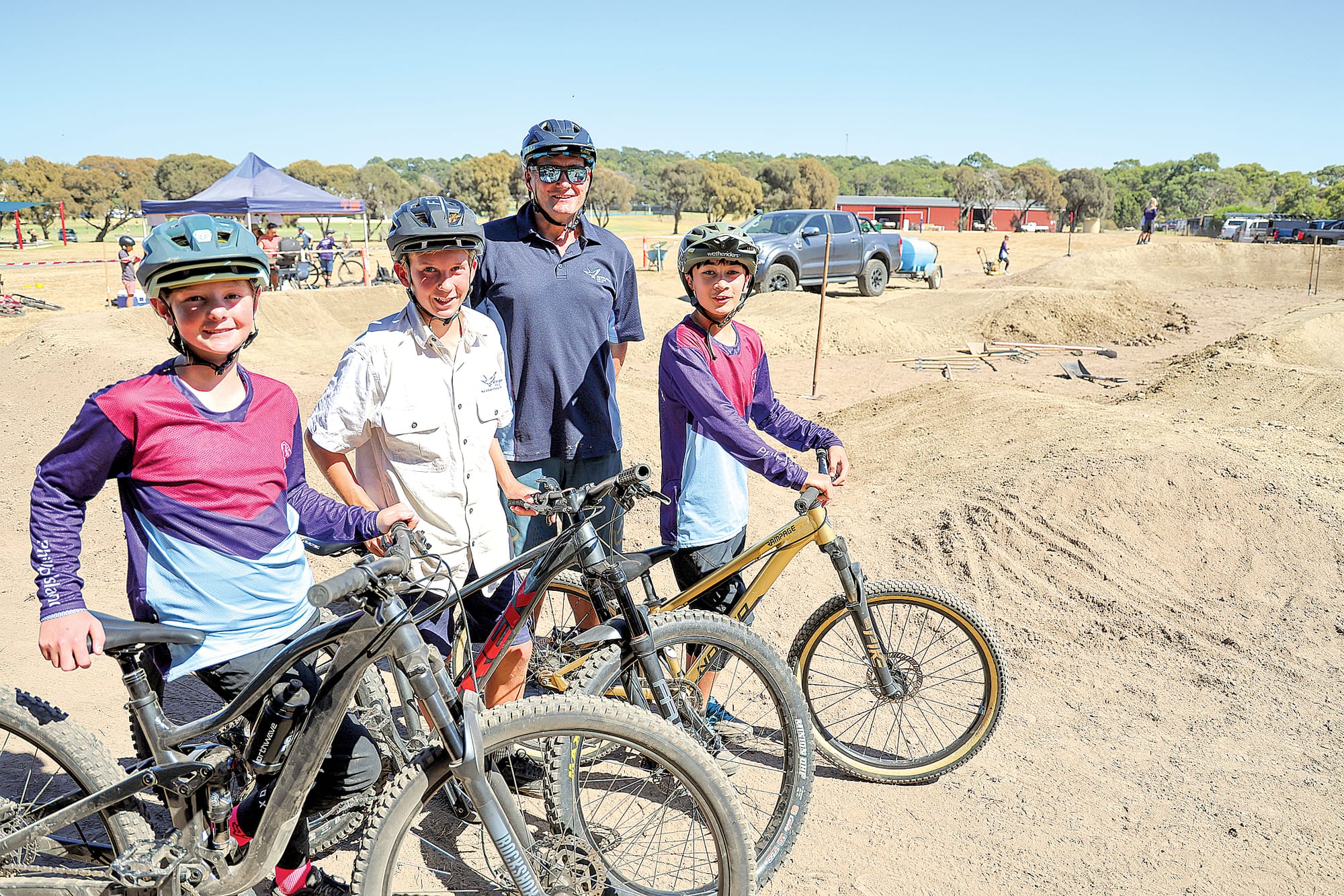 The next big thing taking shape at Newhaven College is the mountain bike pump track, as part of the school’s introduction of a fully-supported mountain bike program. Checking on the track’s progress are college team riders Lucy Thompson, Ethan Tilley (track builder), and Rufus Hollole with course leader Adrian Wale.