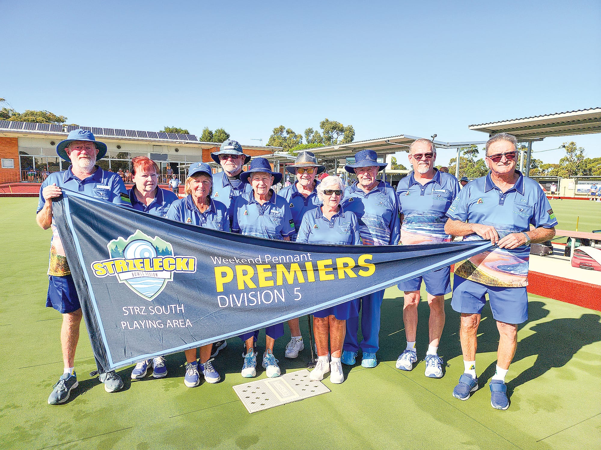 Strzelecki bowls region Weekend Pennant Division 5 Premiers Phillip Island, from left, Derek MacDonald, Merrilyn King, Glenda Grazules, Ian Diss (back), Marlene Puncher, Bruce Puncher (back), Annie Allen, Terry Dawes, Raymond Janssen and Ray Pepper. C15_1124