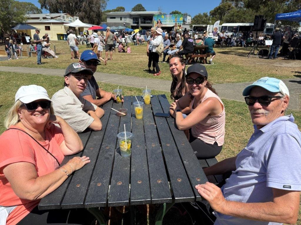 Relaxing on Australia Day at Rhyll’s community event were locals Kerry and Garry with Jake, Jason, Jamee, and Mel.