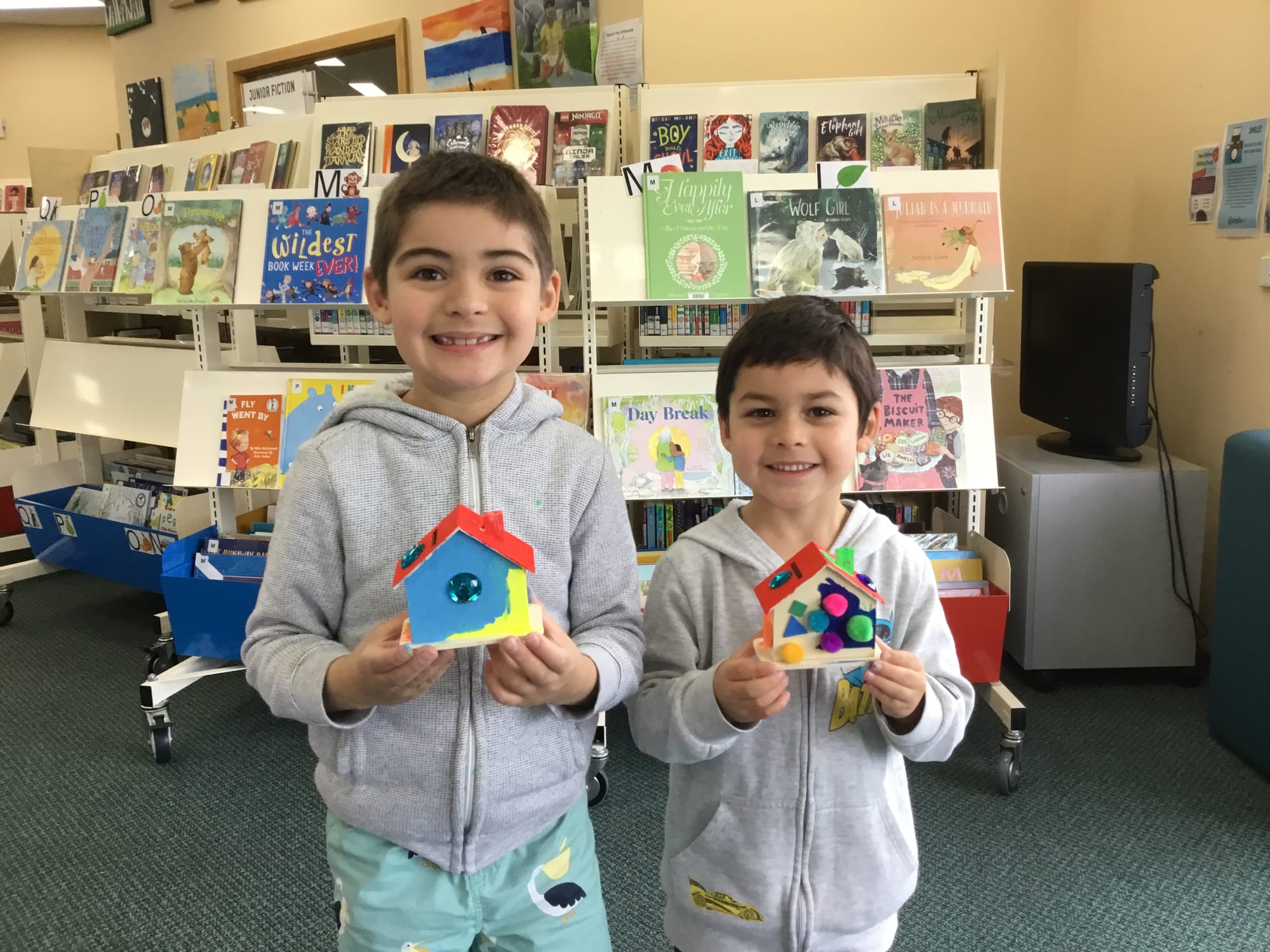 Luca and Nico display their handiwork at Leongatha Library.