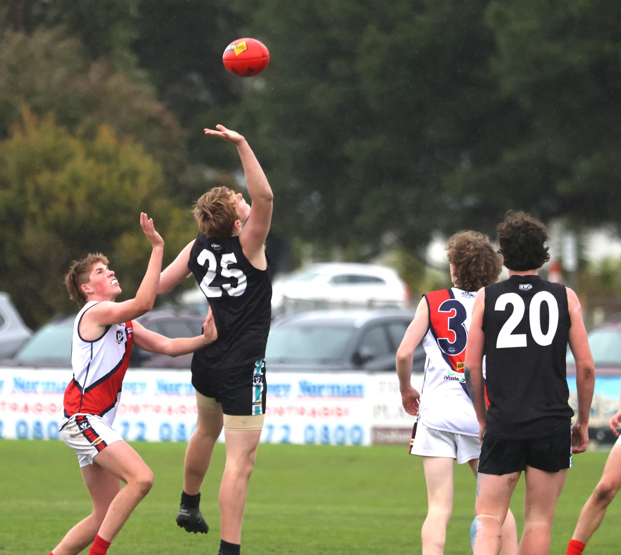 Wonthaggi Under 16s ruckman Matthew Car gets the tap away as Power goes on to win and important game on Saturday.