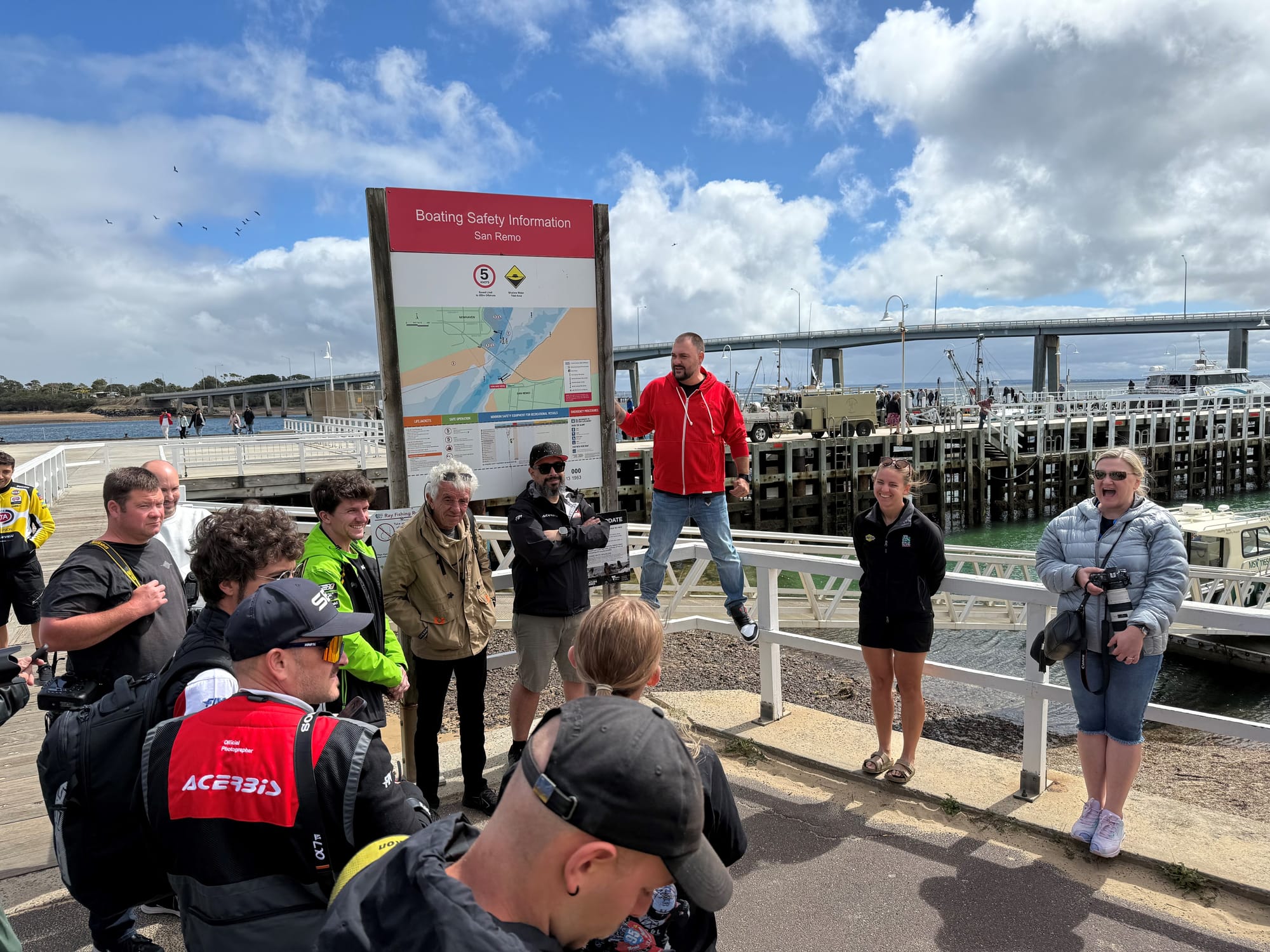 George Papas addresses the Superbike riders at San Remo ahead of a ride on the Thunder Cat.