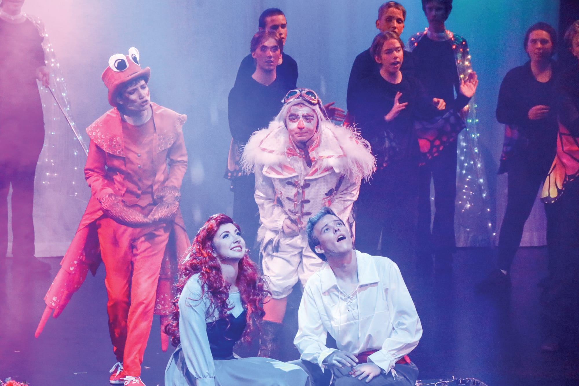 The Little Mermaid cast Sebastian: Max Jobe, Scuttle: Arthur Oakley, Ariel: Cecily de Gooyer and Prince Eric: Lucas White. Z27_1923