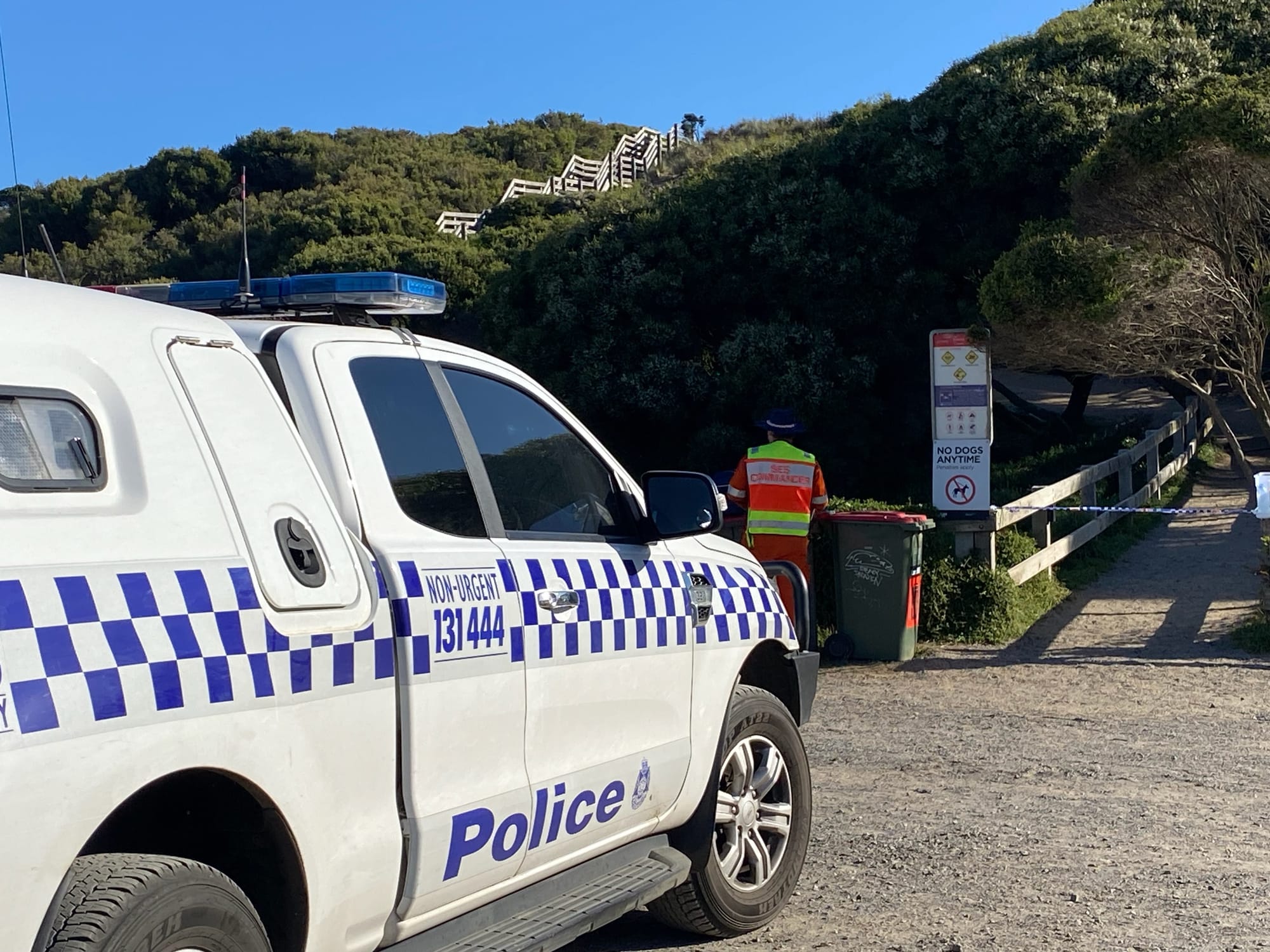 Forrest Caves has been blocked off after three people drowned this afternoon at the unpatrolled beach.