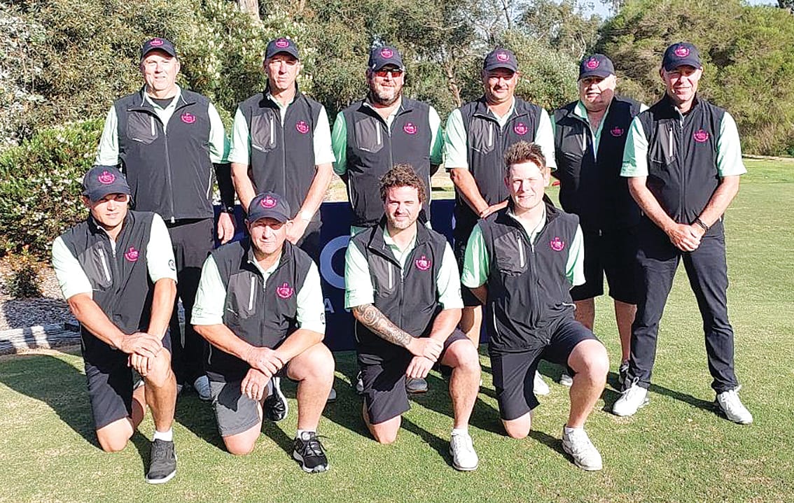 From back, Peter Rayson (team manager Woorayl), Bart McDonald (Lang Lang), Wayne Kennedy (Lang Lang), Matt Wrigley (Korumburra), Ian Balfor (assistant manager Woorayl), Michael Thomas (Leongatha), and front, Jack Jacobsen (Leongatha), Damien Symmons (Woorayl), Steve Bromby (captain Korumburra) and Chris Buckland (Foster).