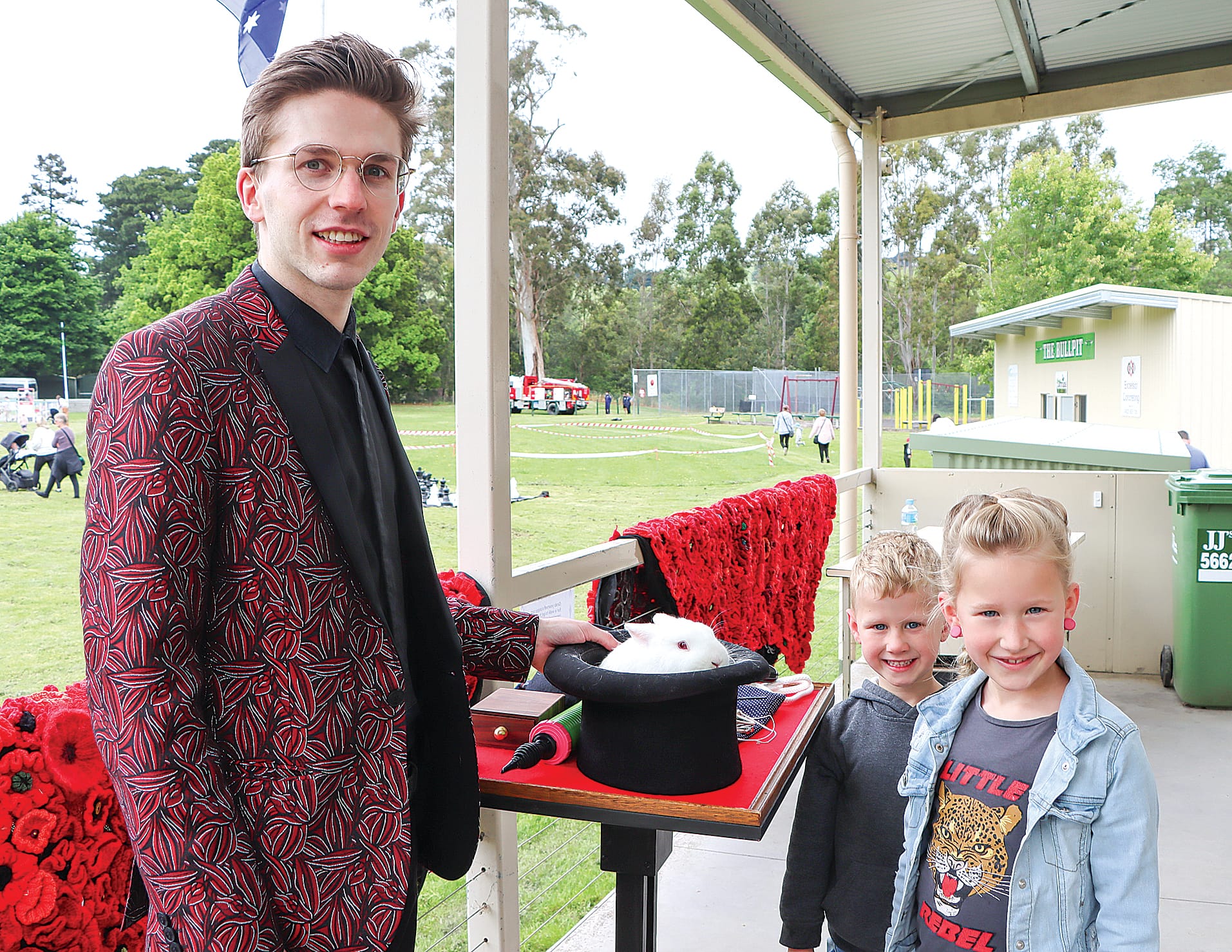 Magician Lachlan Wilde with Hunter and Indi Howard and bunny.