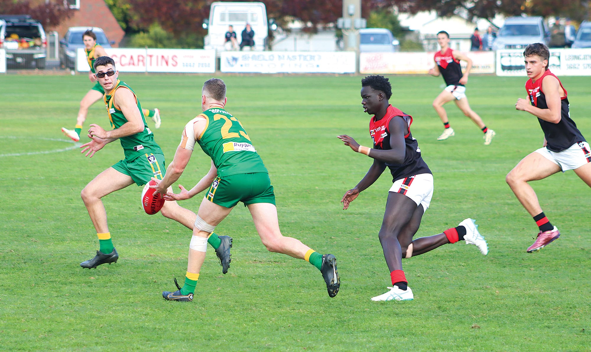 Leongatha’s best player on the day Cade Maskell pursues the footy, with teammate Cooper Alger just ahead. A16_1924