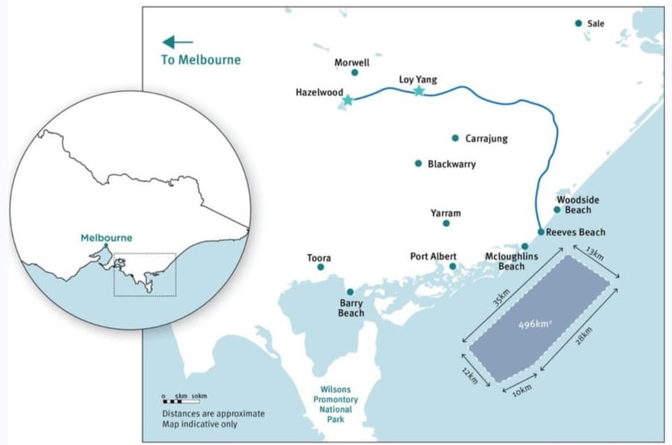 Proposed location of the Star of the South but other exploration areas are located close to the coastline along the Bass Coast and around Wilsons Promontory National Park.