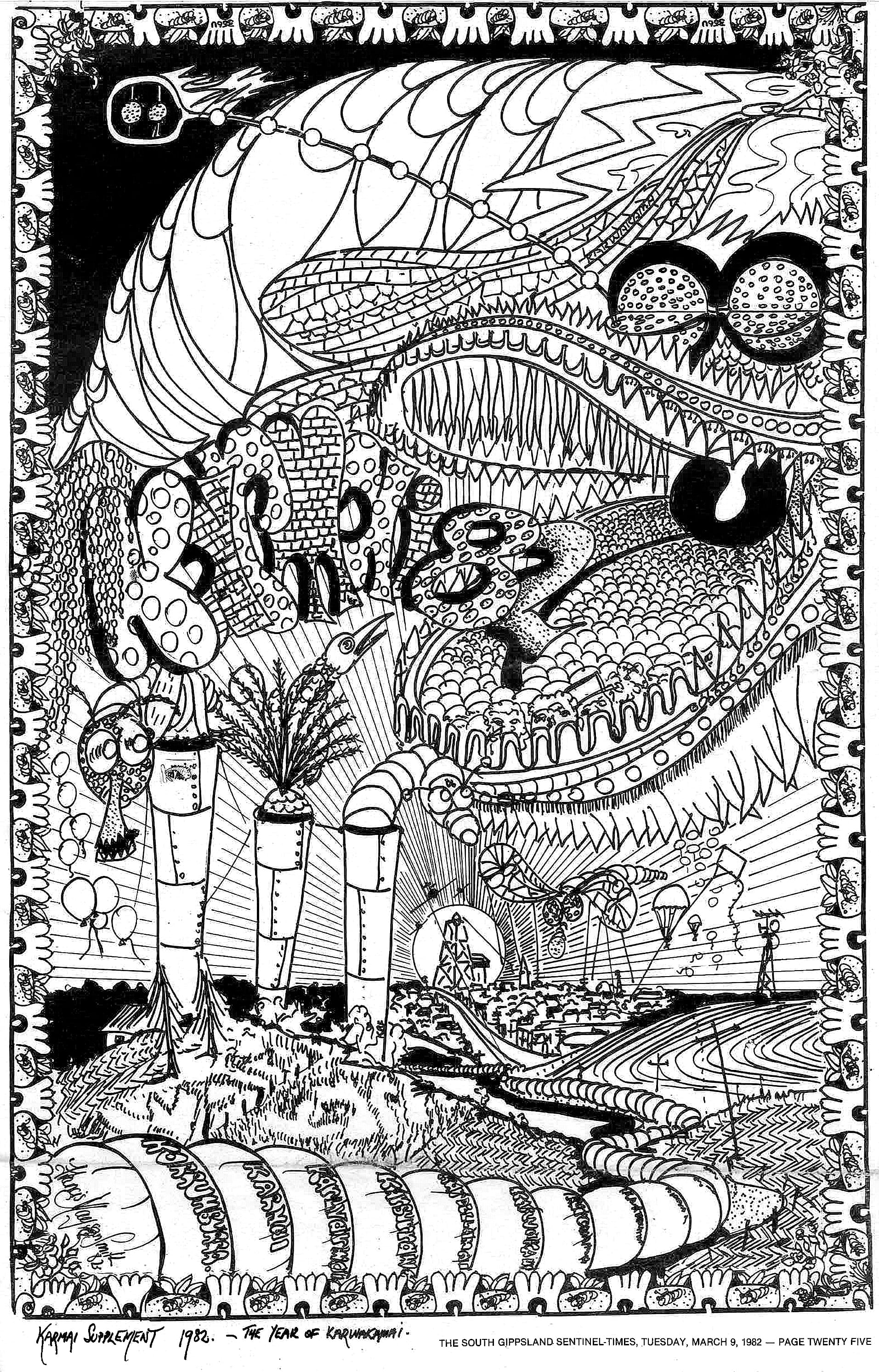 Korumburra’s famous giant worm Karmai is a part of Coal Creek’s 50th Birthday party, with this brilliant design used in a 1982 colouring competition and drawn by artist and local teacher Frank Smith.