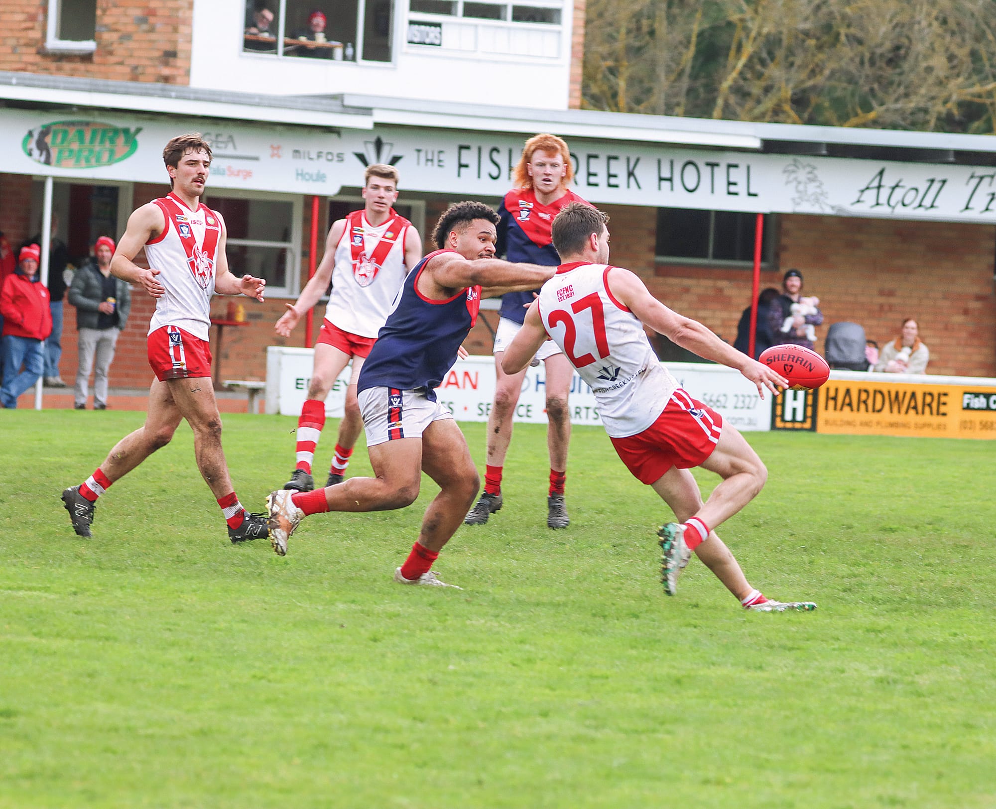Tom Buckley snaps under pressure for Fish Creek and while this shot only registered a behind, he finished with three goals in the Kangaroos’ victory over Boolarra. A36_3224