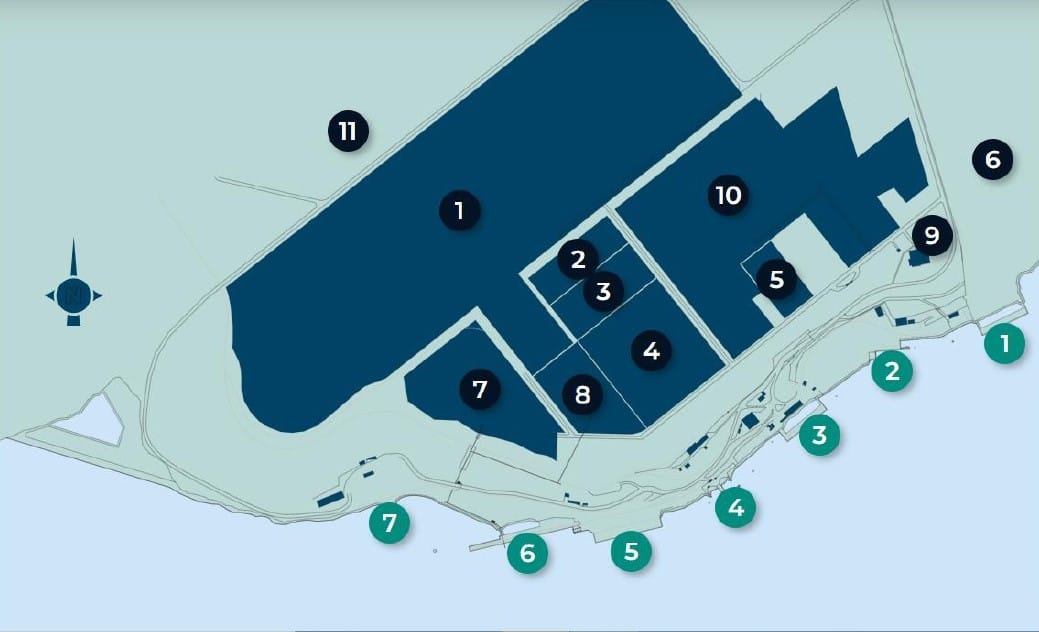 Located at Bell Bay on the eastern bank of the Tamar River 48 kilometres north of Launceston, the port is adjacent to a major Tasmanian industrial estate. The port is a major port for domestic and international bulk goods as well as container services.No.1 Berth, 2. No.2 Berth, 3. No.3 Berth, 4. No.4 Berth, 5. No.5 Berth, 6. No.6 Berth, 7. No.7 Berth. 1. Temco. 2. Sims Metal. 3. BP Australia. 4. United Terminals. 5 Onesteel. 6 Bell Bay Aluminium. 7. Artec. 8. Smart Fibre. 9. TasPorts/Qube Office. 10. Industrial Development Land. 11. Georgetown Wastewater Treatment Plant Temco..