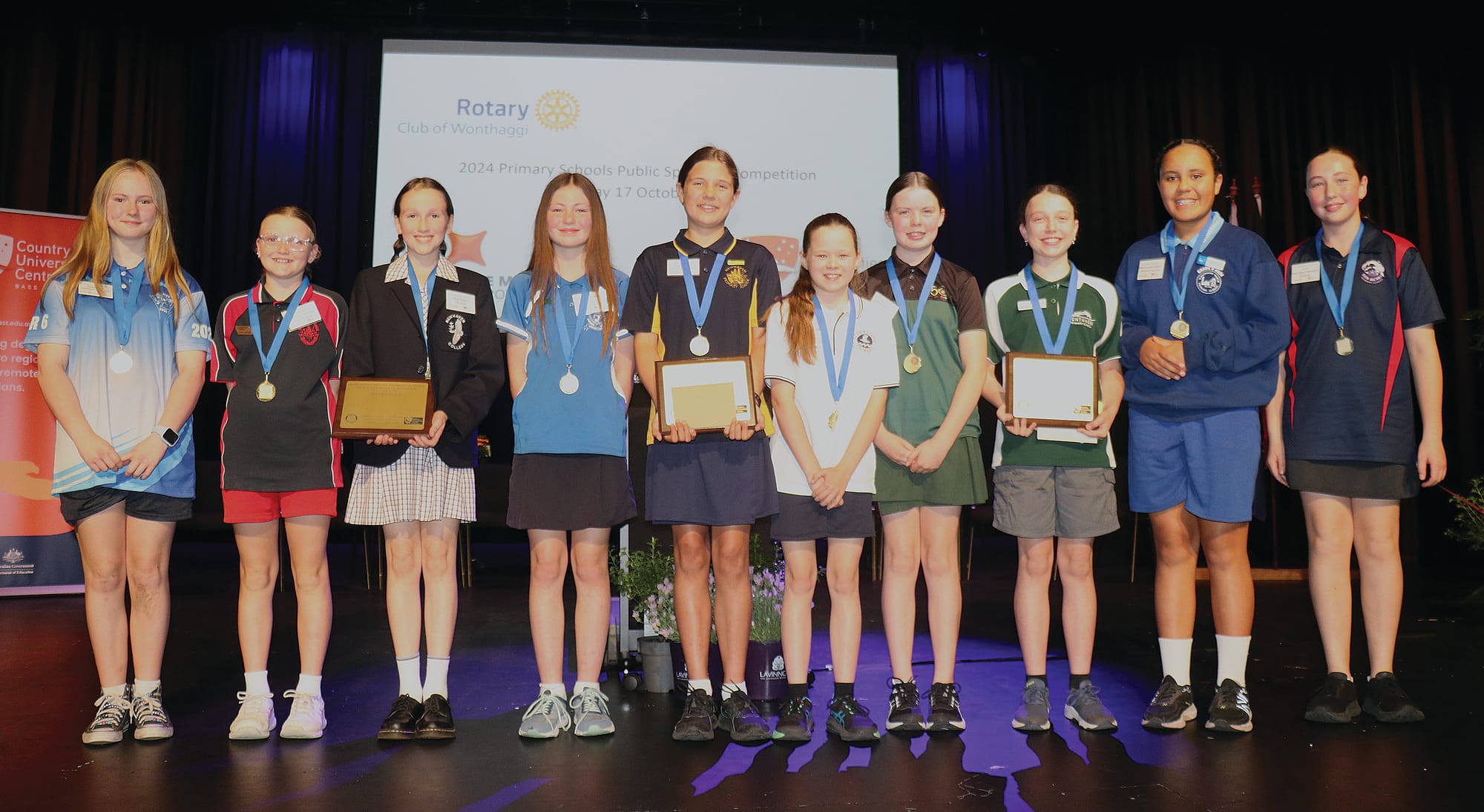 All 2024 Rotary Public Speaking Finalists pictured: Poppy Richardson (Kongwak PS), Mila Wylie (St Joseph’s PS), Sophia Harding (2nd prize, Newhaven College), Taylah MacMillian (Bass Valley PS), Tamsin Watson (1st prize, Newhaven PS), Josie Richer (Inverloch PS), Hailey Dunn (Cowes PS), Leila Andrews (3rd prize, Wonthaggi PS), Amia Titimanu (Wonthaggi North PS), and Gemma Van Den Broek (San Remo PS). Z23_4324