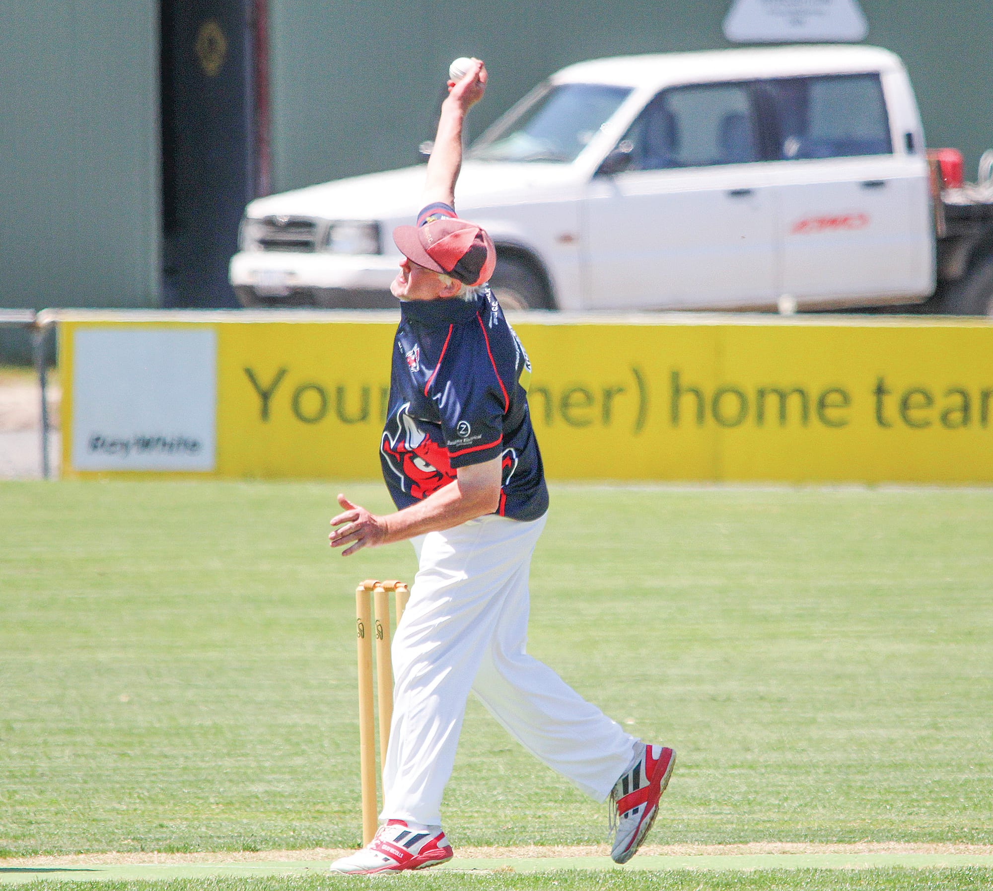 Demons bowler Steven Riley sends one down at the Inverloch Recreation Reserve. B11_4922