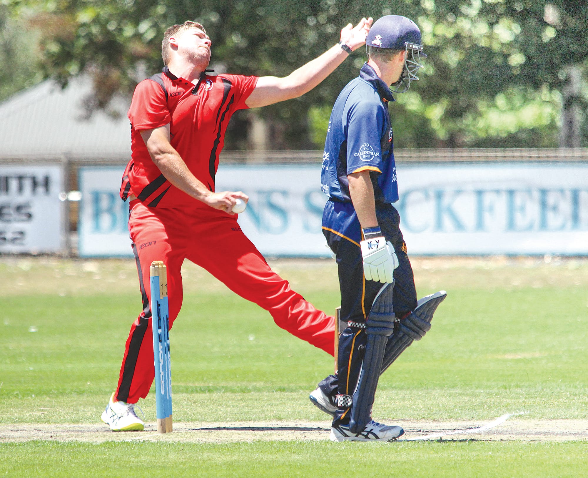 Nerrena quick Jason Hoy sends one down in his side’s win over Club.