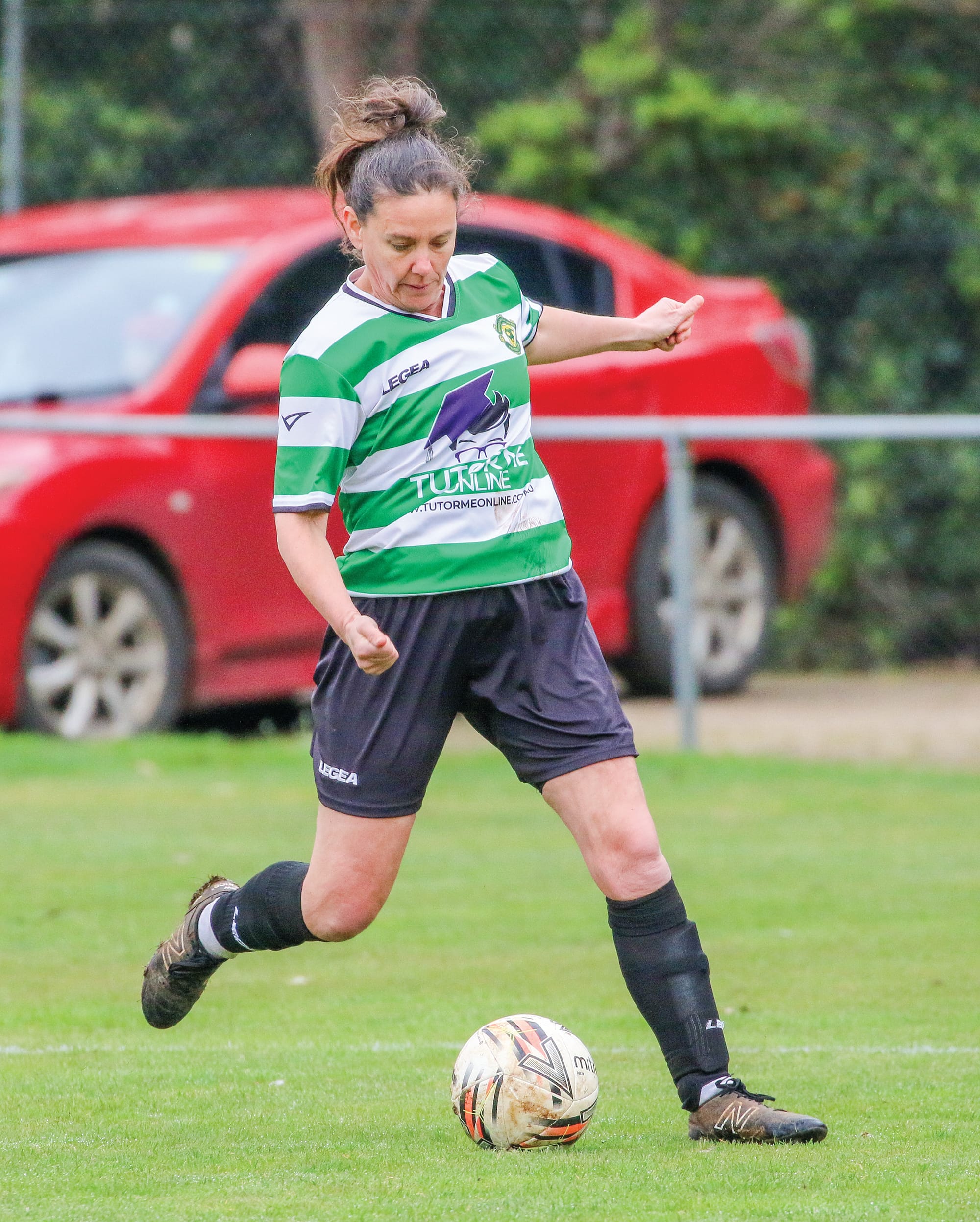 Mirboo North’s Ruth Harper boots the ball. 