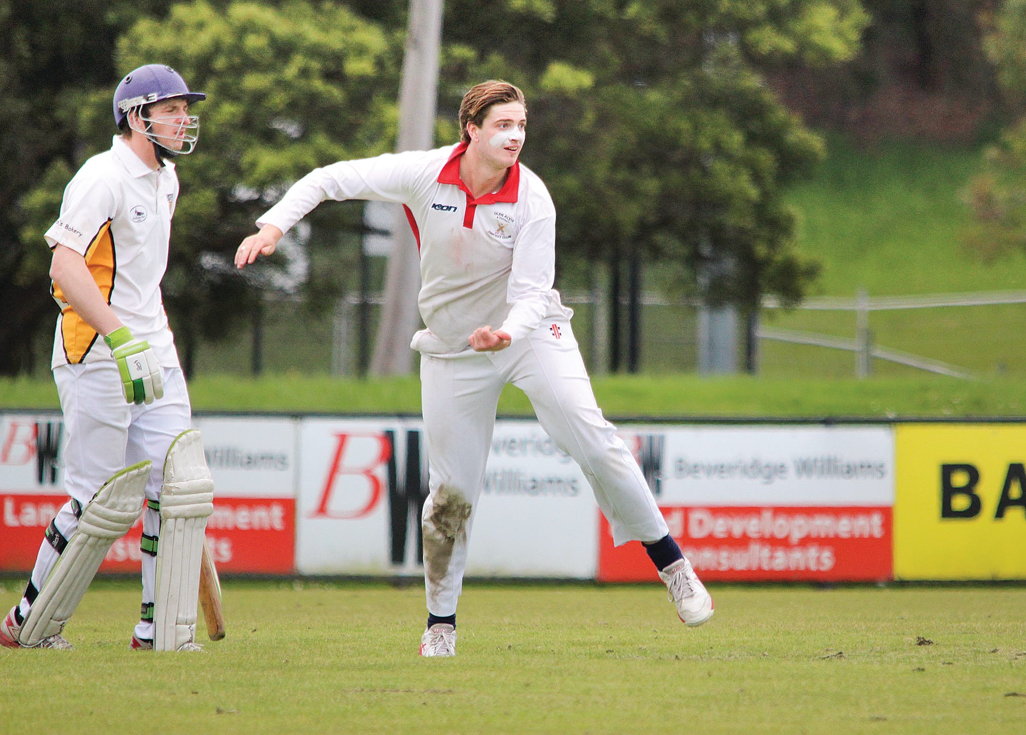 Ben McRae sends one down for the Alvie in their match against Foster.