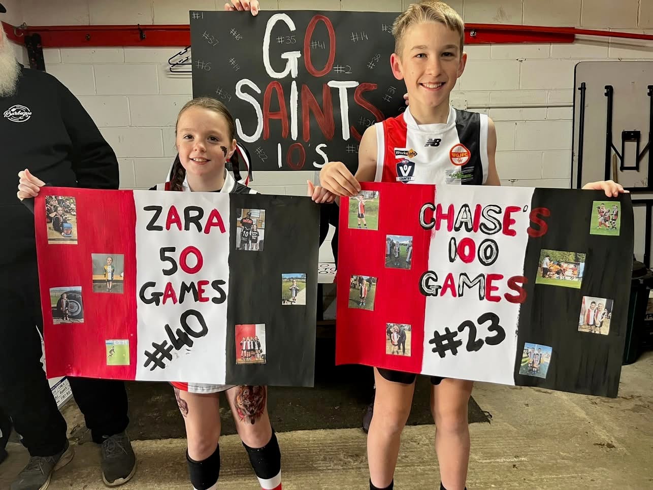 Nyora Football Netball Club's juniors, Zara Dike (50 games) and Chaise Easton (100 games) celebrate their milestones on home ground. 
