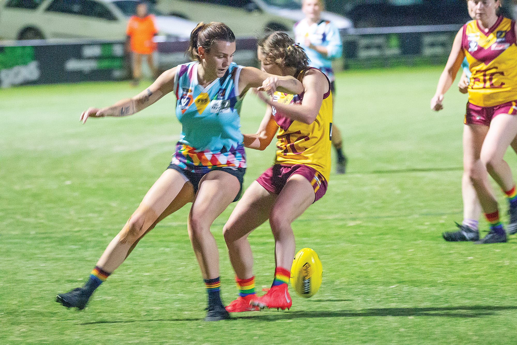 Breakers’ Gaby Hynes and her Tyabb opponent over-run the football as they competed for possesion in last Friday night’s Pride match at the Dalyston Recreation Reserve.
