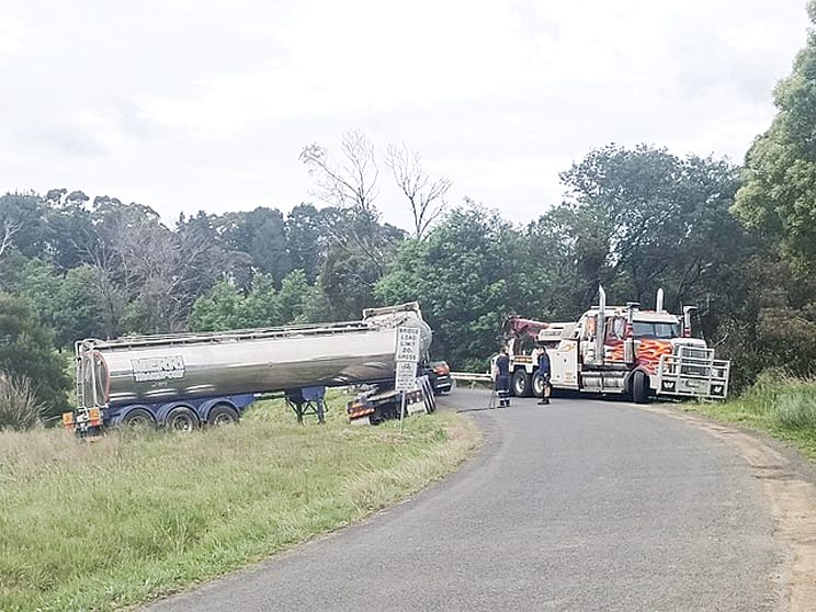 A milk tanker lost control on the approach to the Stewart Road bridge causing the trailer to swing around sharply and jack-knife.
